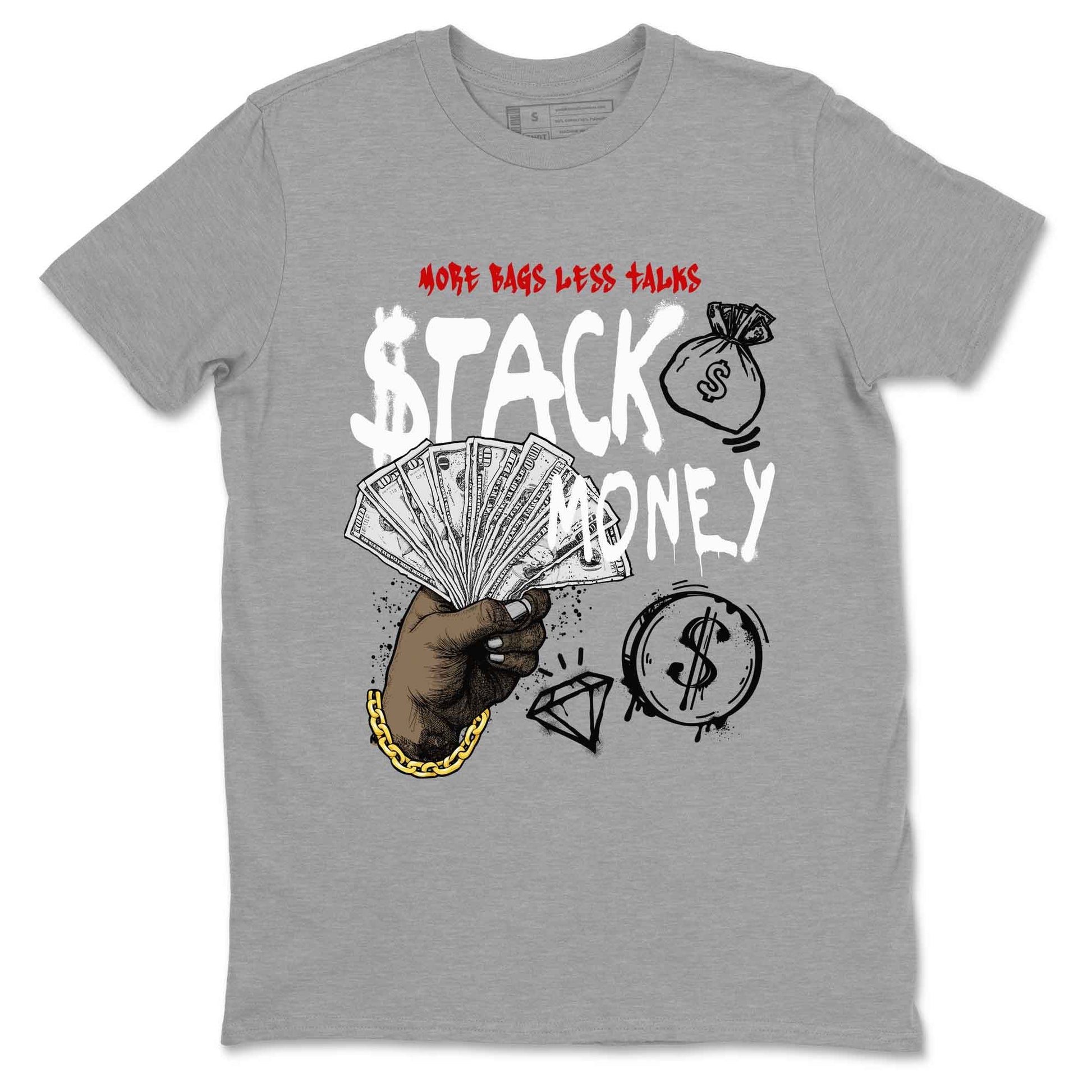 Stack Money sneaker match t-shirt styled to complete your fit with the Air Jordan 4 White Cement sneakers, shown in Heather Grey 2.