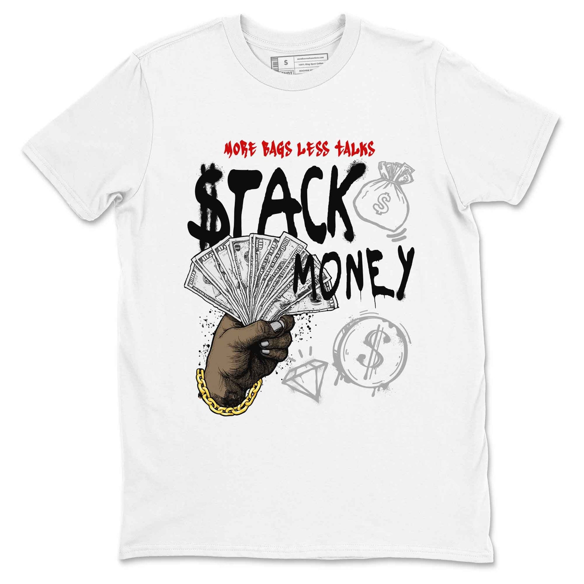 Stack Money sneaker match t-shirt styled to complete your fit with the Air Jordan 4 White Cement sneakers, shown in White 2.