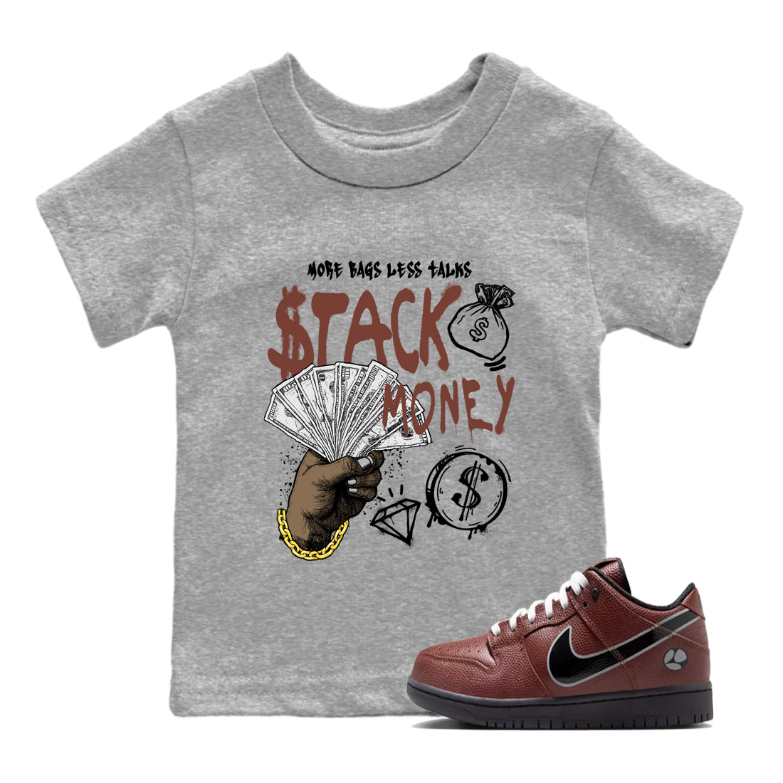 Sneaker match tees – Sneaker Tees To Match Dunk Low Football Shoes – Stack Money Kids T-Shirt Heather Grey 1