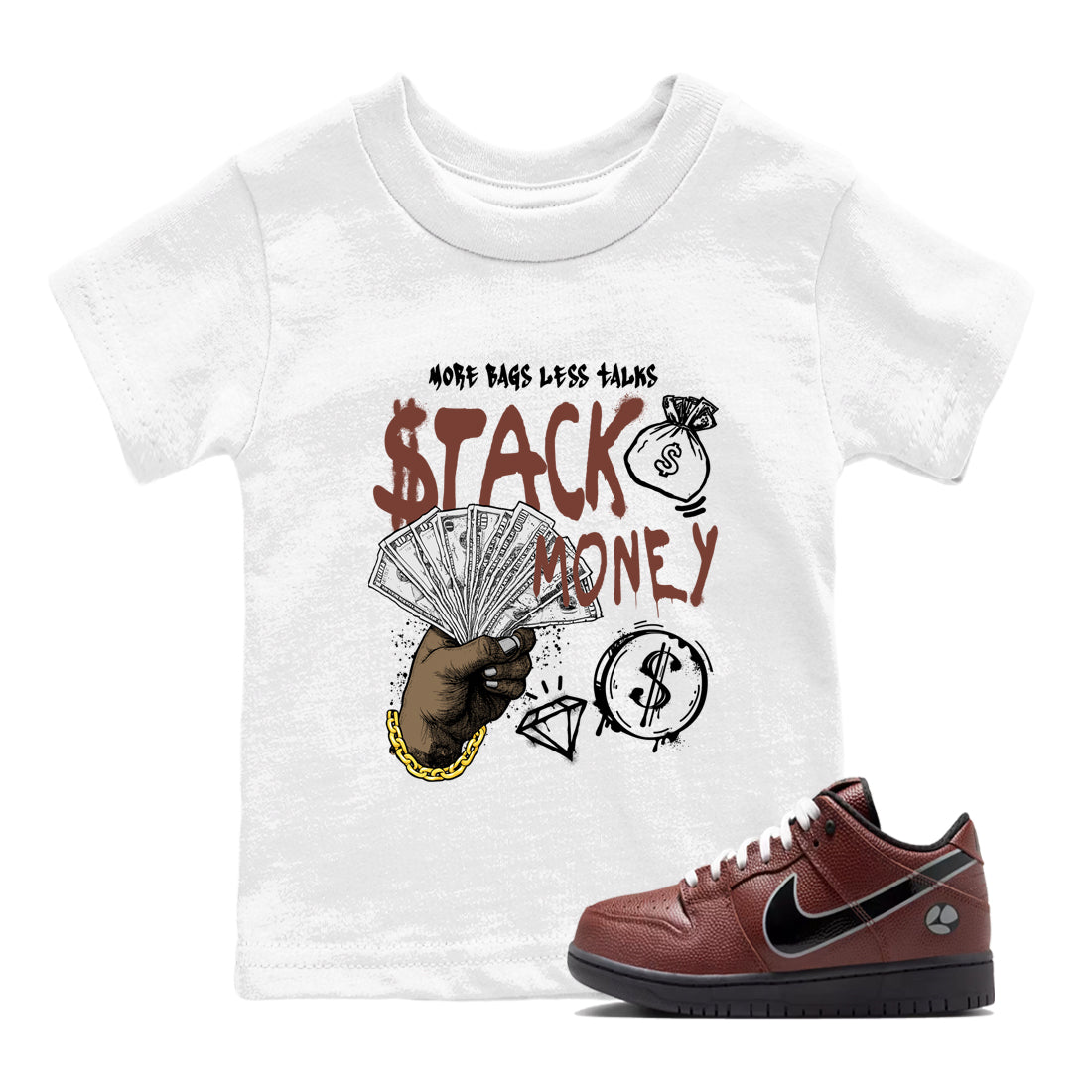 Sneaker match tees – Sneaker Tees To Match Dunk Low Football Shoes – Stack Money Kids T-Shirt White 1