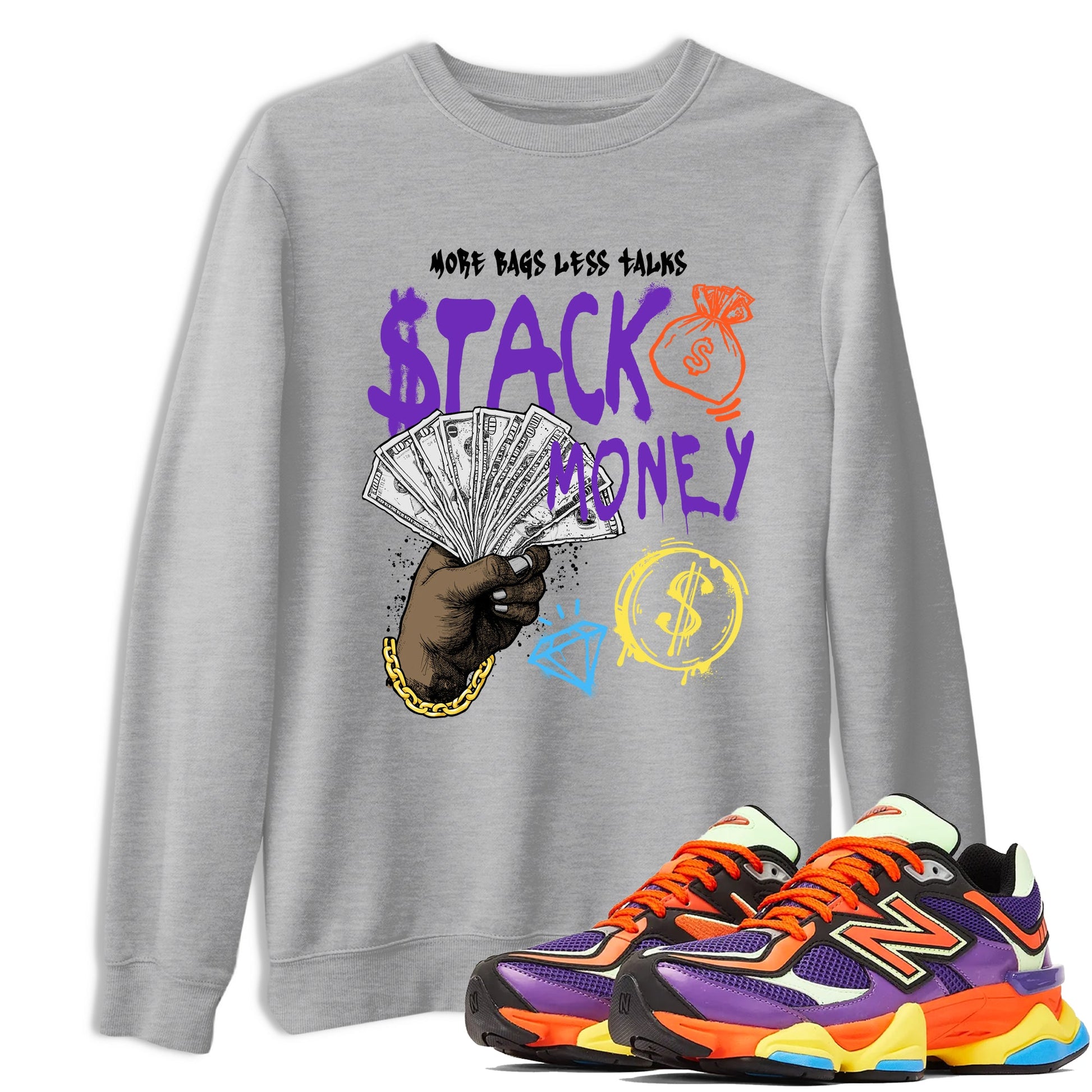 Sneaker Threads – Sneaker Tees To Match New Balance 9060 Prism Purple – Stack Money Graphic Tee Heather Grey 1. Perfect for Jordan releases 2025 colorways.