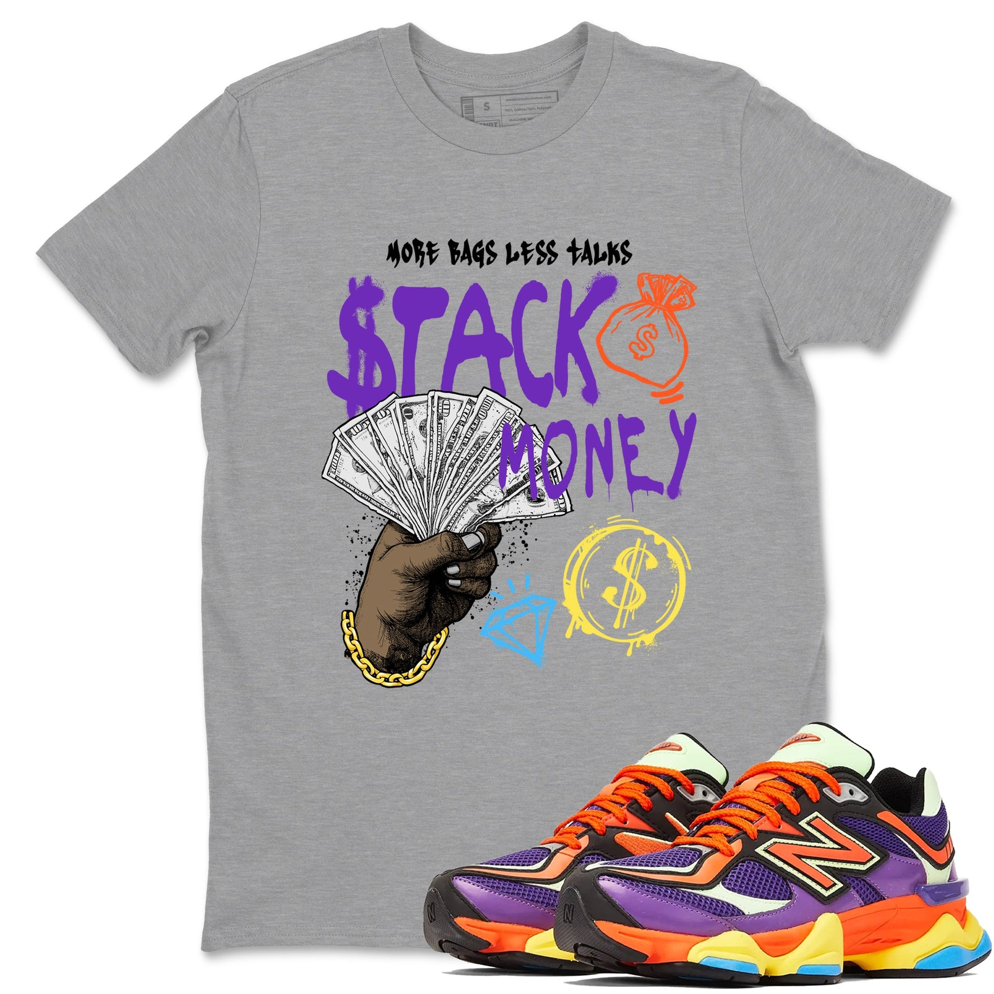 Sneaker Threads – Sneaker Tees To Match New Balance 9060 Prism Purple – Stack Money Graphic Tee Heather Grey 1. Perfect for Jordan releases 2025 colorways.