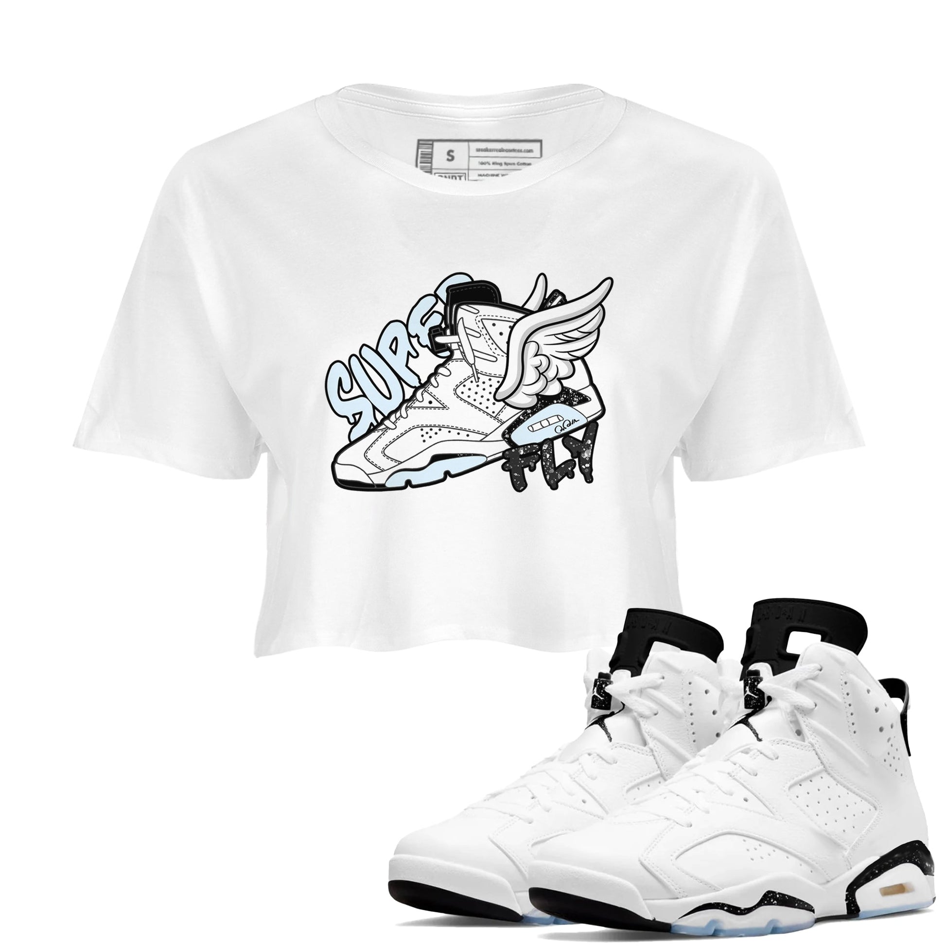 AJ6 White Black shirts to match jordans Super Fly sneaker match tees Air Jordan 6 White Black SNRT Sneaker Tees streetwear brand White 1 crop tee