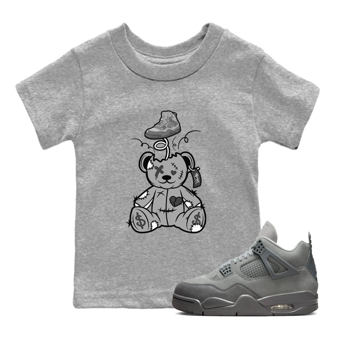 4s Wet Cement shirts to match jordans Surprise Teddy Bear sneaker match tees Air Jordan 4 Wet Cement SNRT Sneaker Release Tees Youth Baby Heather Grey 1 crew neck shirts