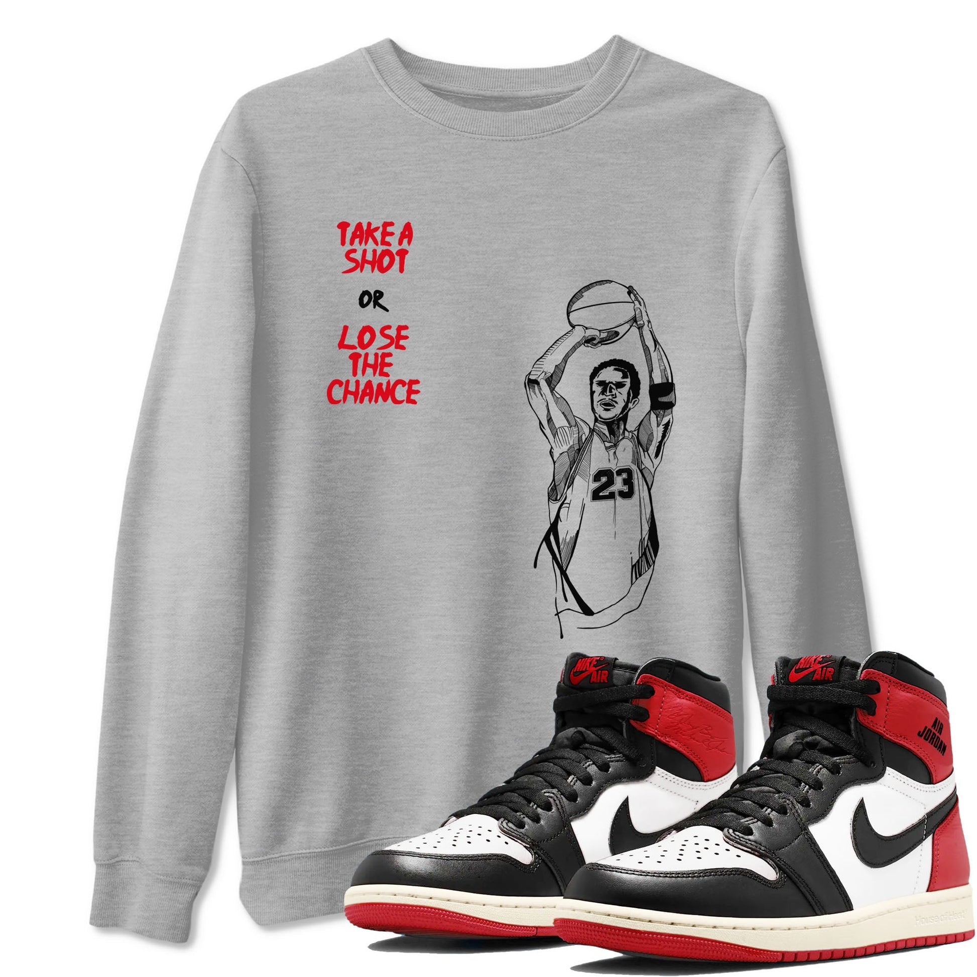1s Black Toe Reimagined shirts to match jordans Take A Shot sneaker match tees Air Jordan 1 Black Toe Reimagined SNRT Sneaker Release Tees unisex cotton Heather Grey 1 crew neck shirts