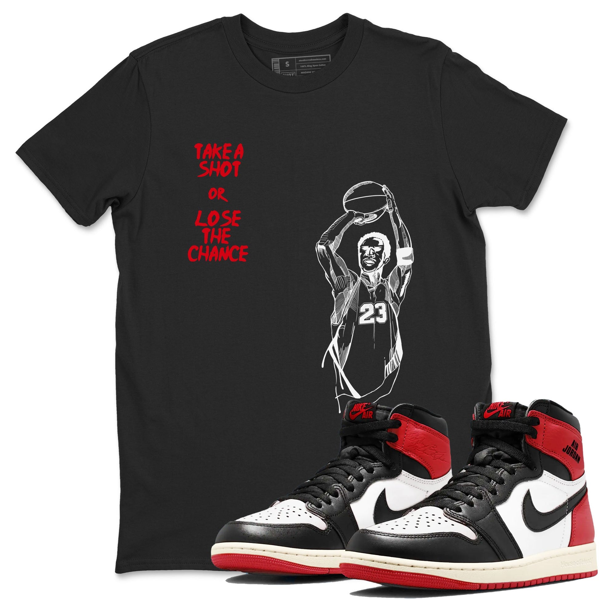 1s Black Toe Reimagined shirts to match jordans Take A Shot sneaker match tees Air Jordan 1 Black Toe Reimagined SNRT Sneaker Release Tees unisex cotton Black 1 crew neck shirts