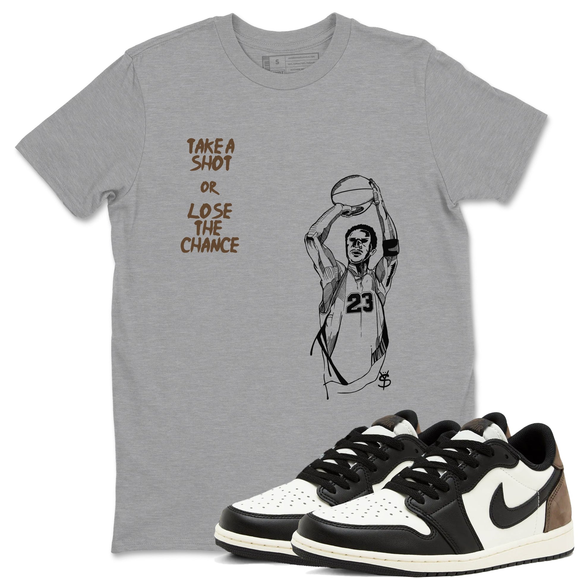 1s Mocha shirts to match jordans Take A Shot sneaker match tees Air Jordan 1 Mocha SNRT Sneaker Release Tees unisex cotton Heather Grey 1 crew neck shirts