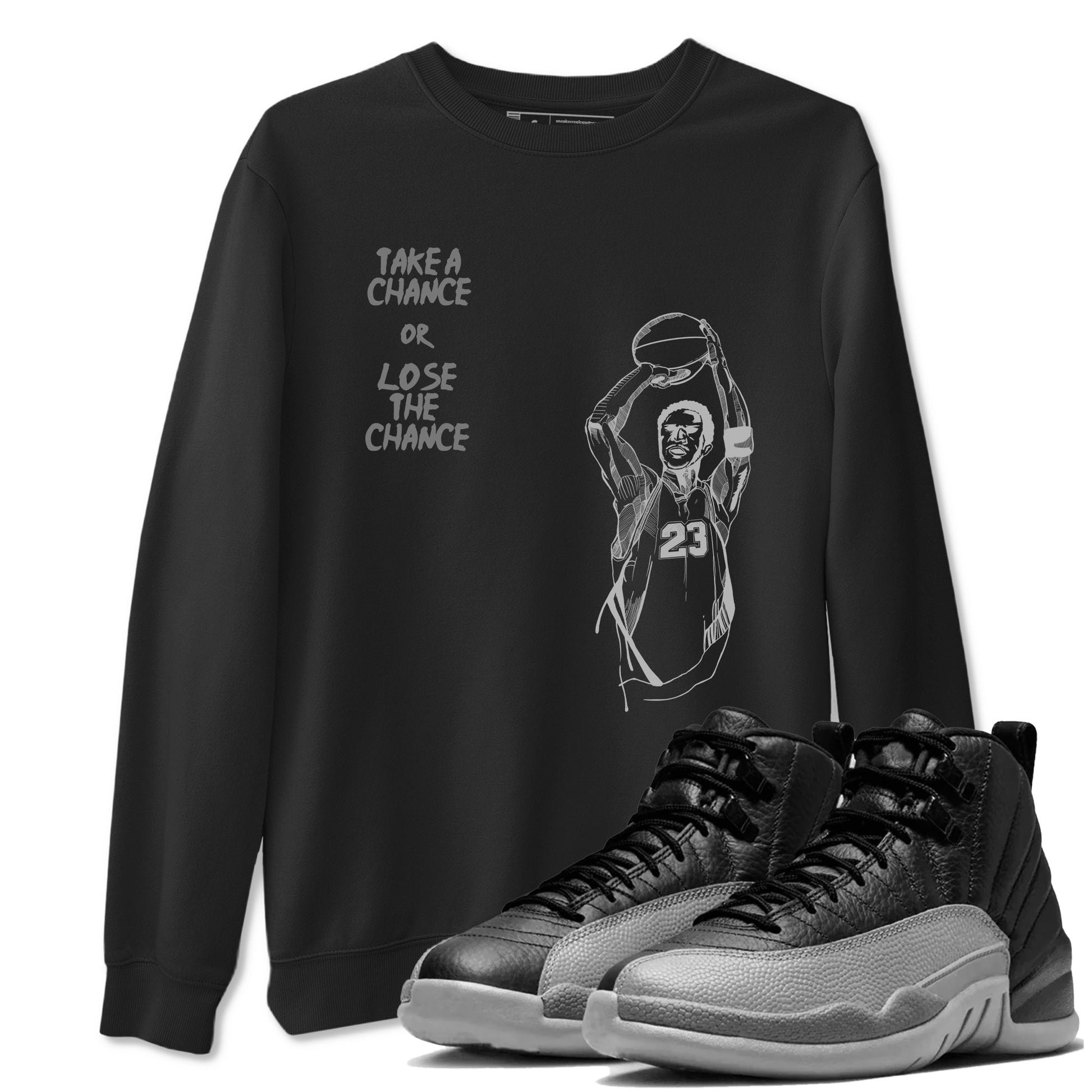 12s Black Wolf Grey shirts to match jordans Take A Shot sneaker match tees Air Jordan 12 Black Wolf Grey SNRT Sneaker Release Tees unisex cotton Black 1 crew neck shirts