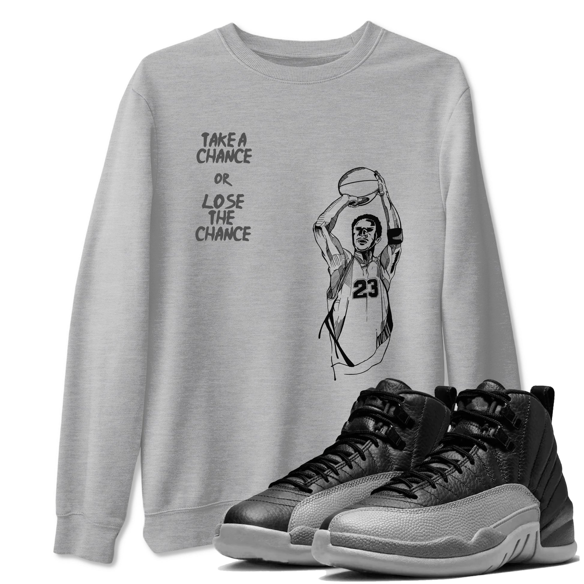 12s Black Wolf Grey shirts to match jordans Take A Shot sneaker match tees Air Jordan 12 Black Wolf Grey SNRT Sneaker Release Tees unisex cotton Heather Grey 1 crew neck shirts