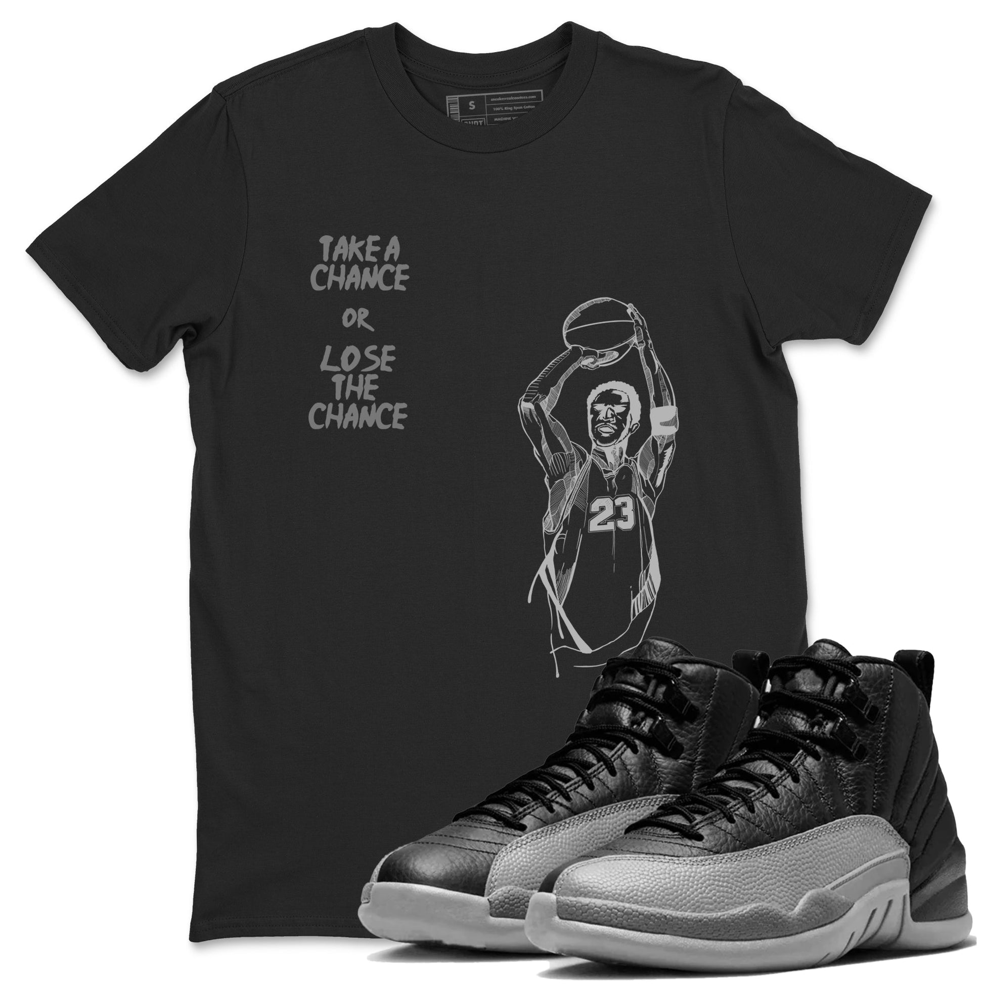 12s Black Wolf Grey shirts to match jordans Take A Shot sneaker match tees Air Jordan 12 Black Wolf Grey SNRT Sneaker Release Tees unisex cotton Black 1 crew neck shirts