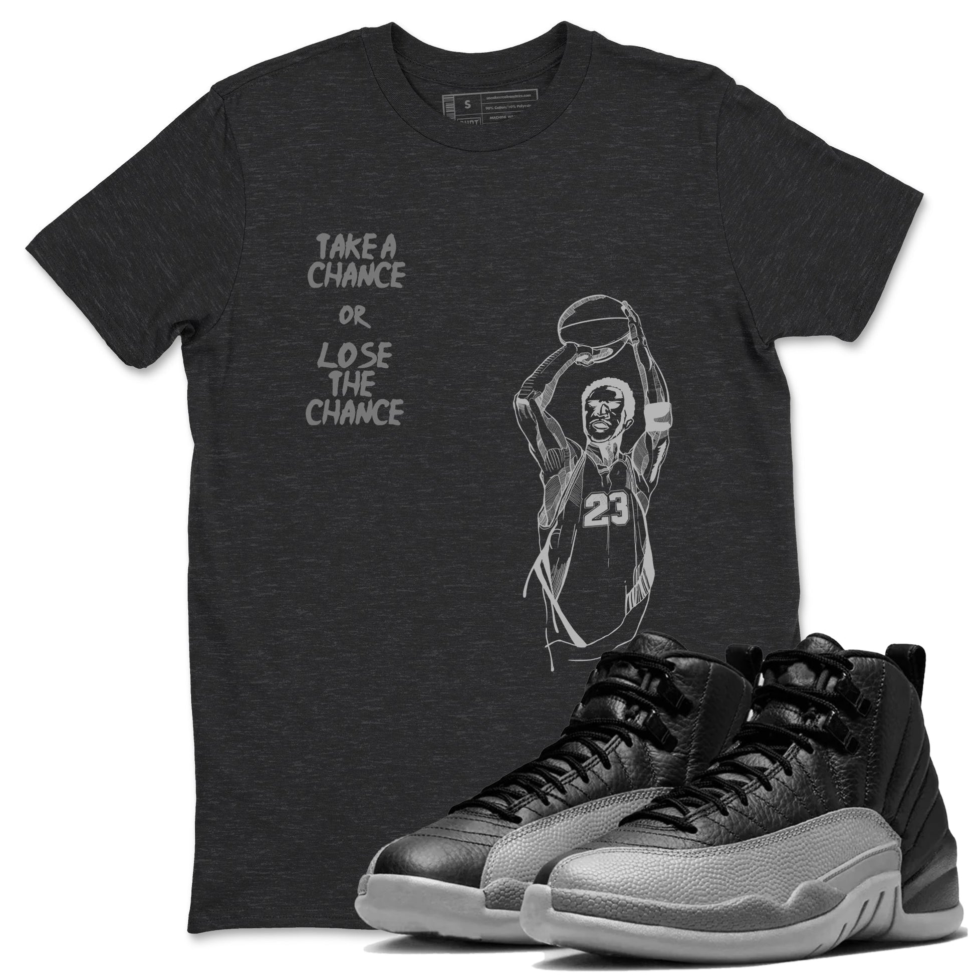 12s Black Wolf Grey shirts to match jordans Take A Shot sneaker match tees Air Jordan 12 Black Wolf Grey SNRT Sneaker Release Tees unisex cotton Charcoal Heather 1 crew neck shirts