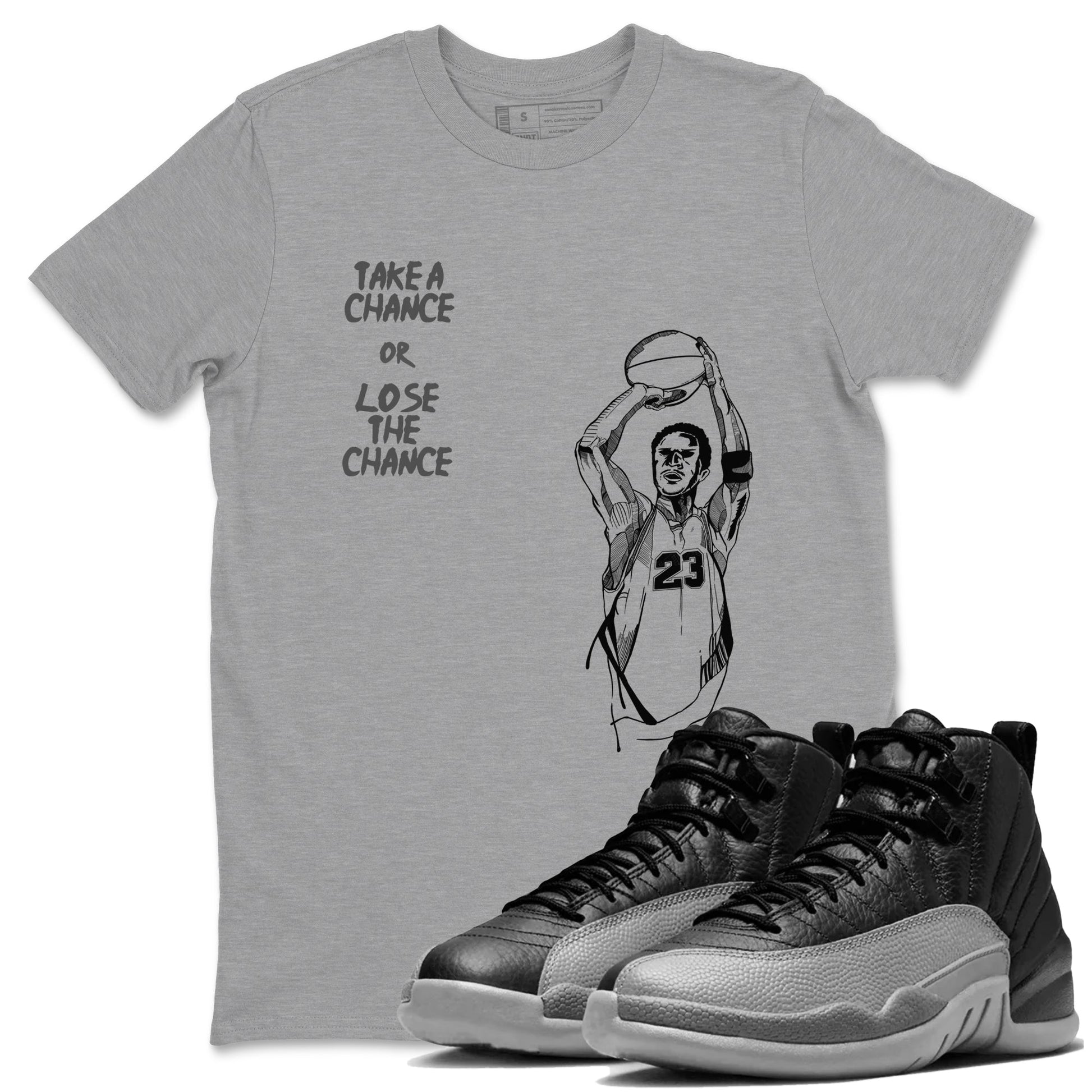 12s Black Wolf Grey shirts to match jordans Take A Shot sneaker match tees Air Jordan 12 Black Wolf Grey SNRT Sneaker Release Tees unisex cotton Heather Grey 1 crew neck shirts