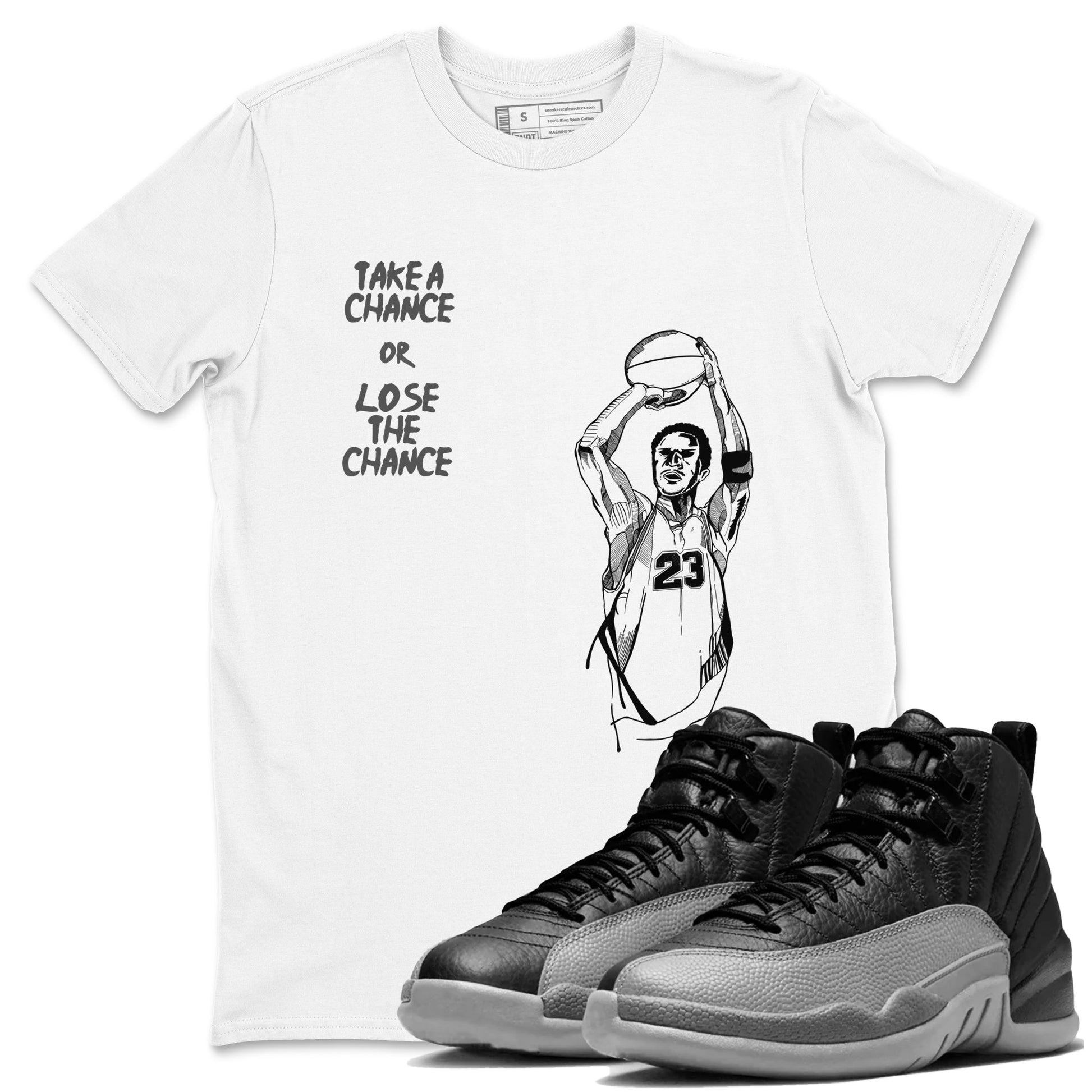 12s Black Wolf Grey shirts to match jordans Take A Shot sneaker match tees Air Jordan 12 Black Wolf Grey SNRT Sneaker Release Tees unisex cotton White 1 crew neck shirts