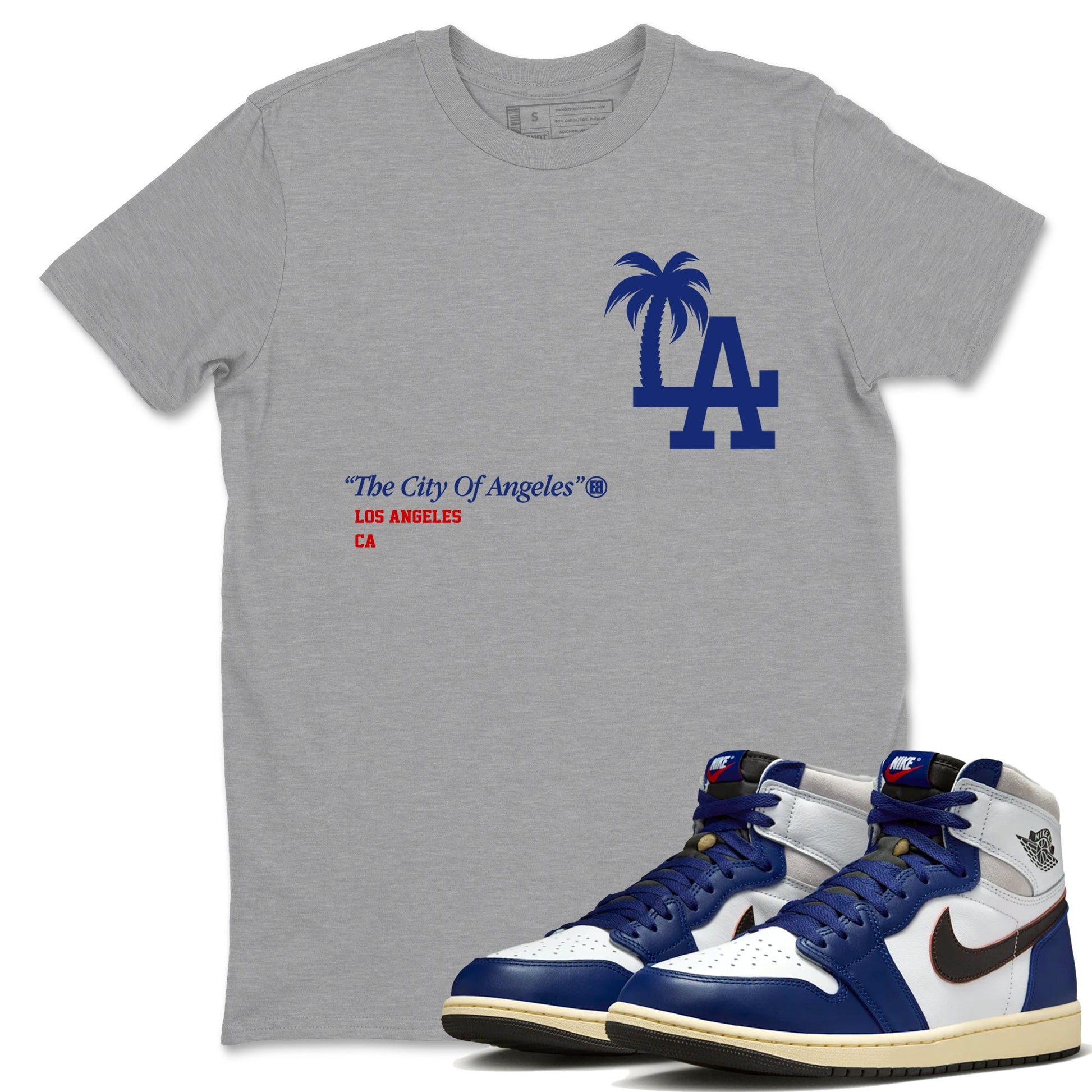 1s Rare Air shirts to match jordans The City Of Angeles sneaker match tees Air Jordan 1 High OG Rare Air Deep Royal Blue match shoes to clothes SNRT Sneaker Tees unisex cotton Heather Grey 1 shirts