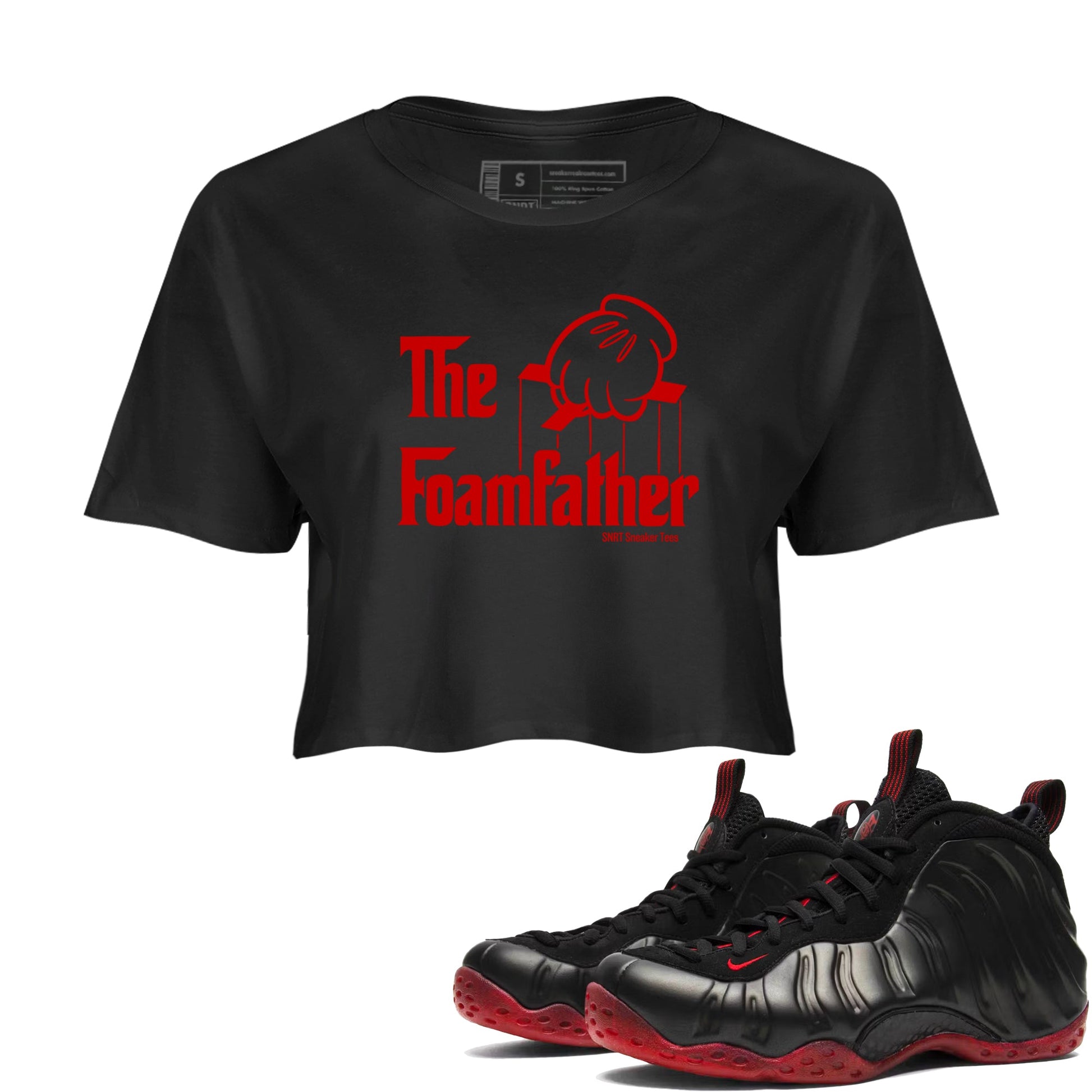 Sneaker match tees – Sneaker Tees To Match Air Foamposite Cough Drop Shoes – The Foamfather Crop T-Shirt Black 1