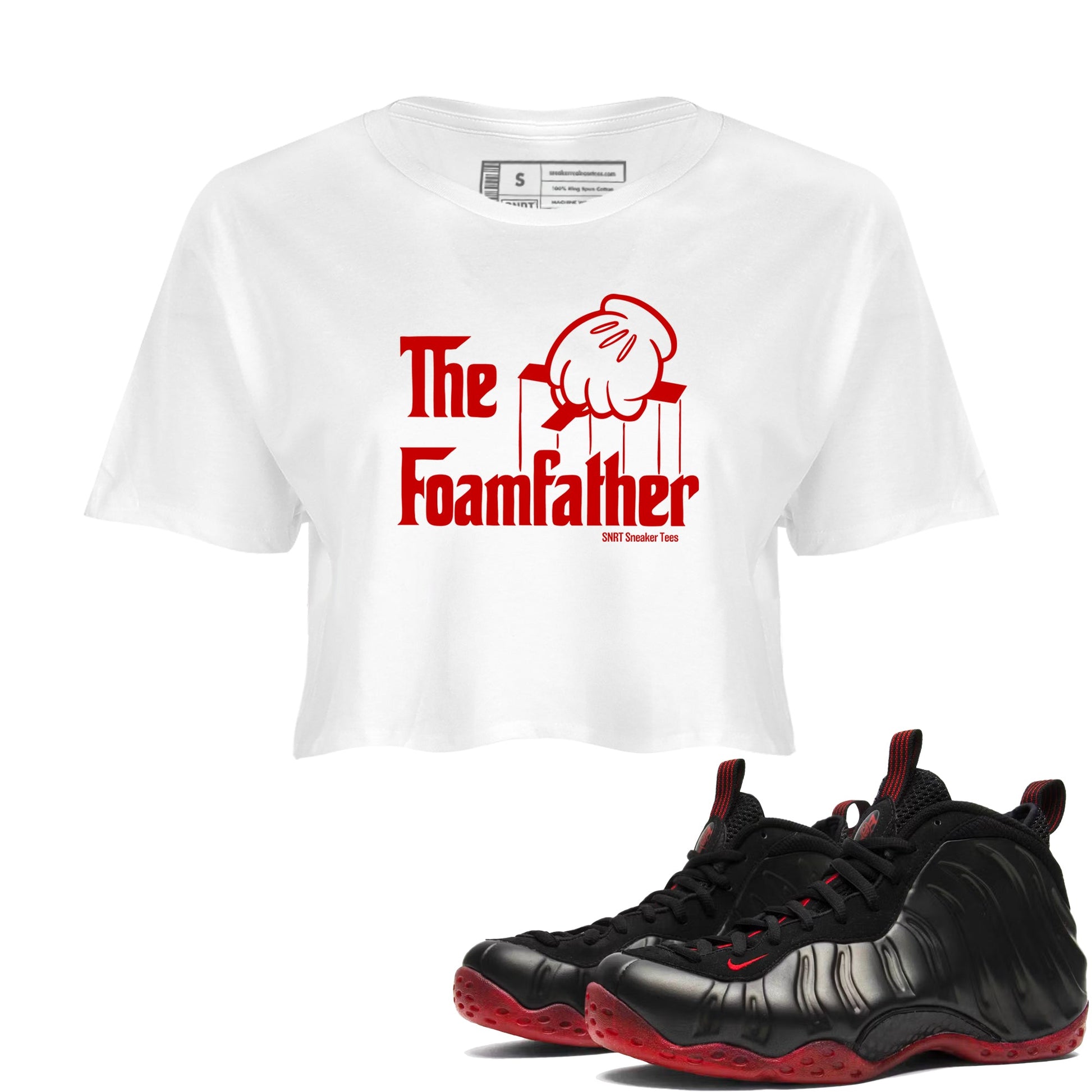 Sneaker match tees – Sneaker Tees To Match Air Foamposite Cough Drop Shoes – The Foamfather Crop T-Shirt White 1