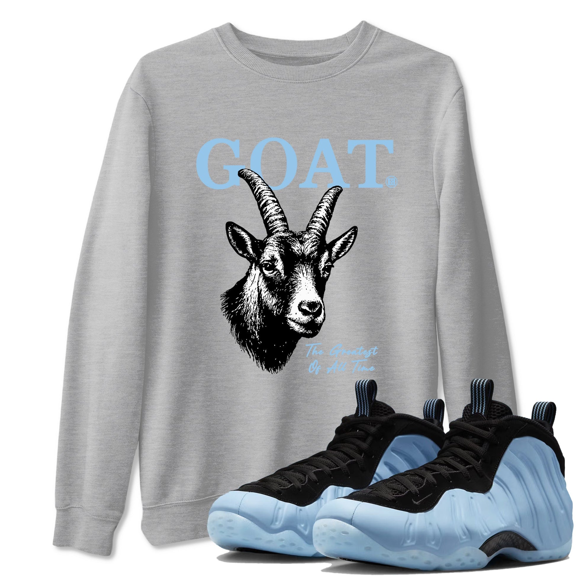 The Greatest Of All Time sneaker match t-shirt styled to complete your fit with the Air Foamposite One Psychic Blue sneakers, shown in Heather Grey 1.
