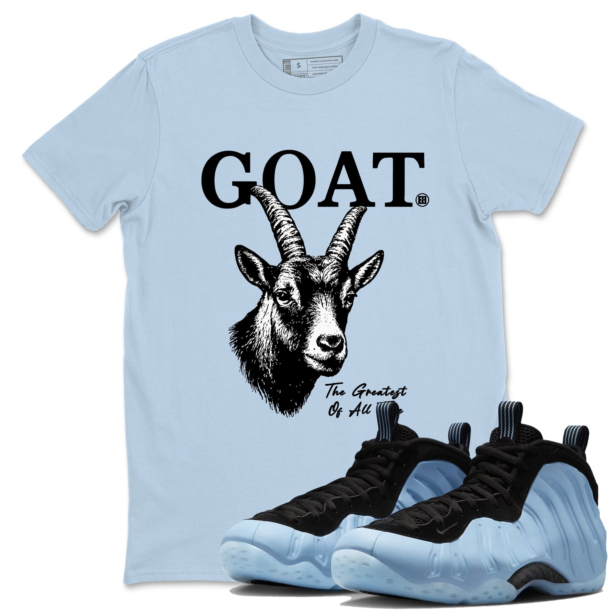 The Greatest Of All Time sneaker match t-shirt styled to complete your fit with the Air Foamposite One Psychic Blue sneakers, shown in Light Blue 1.