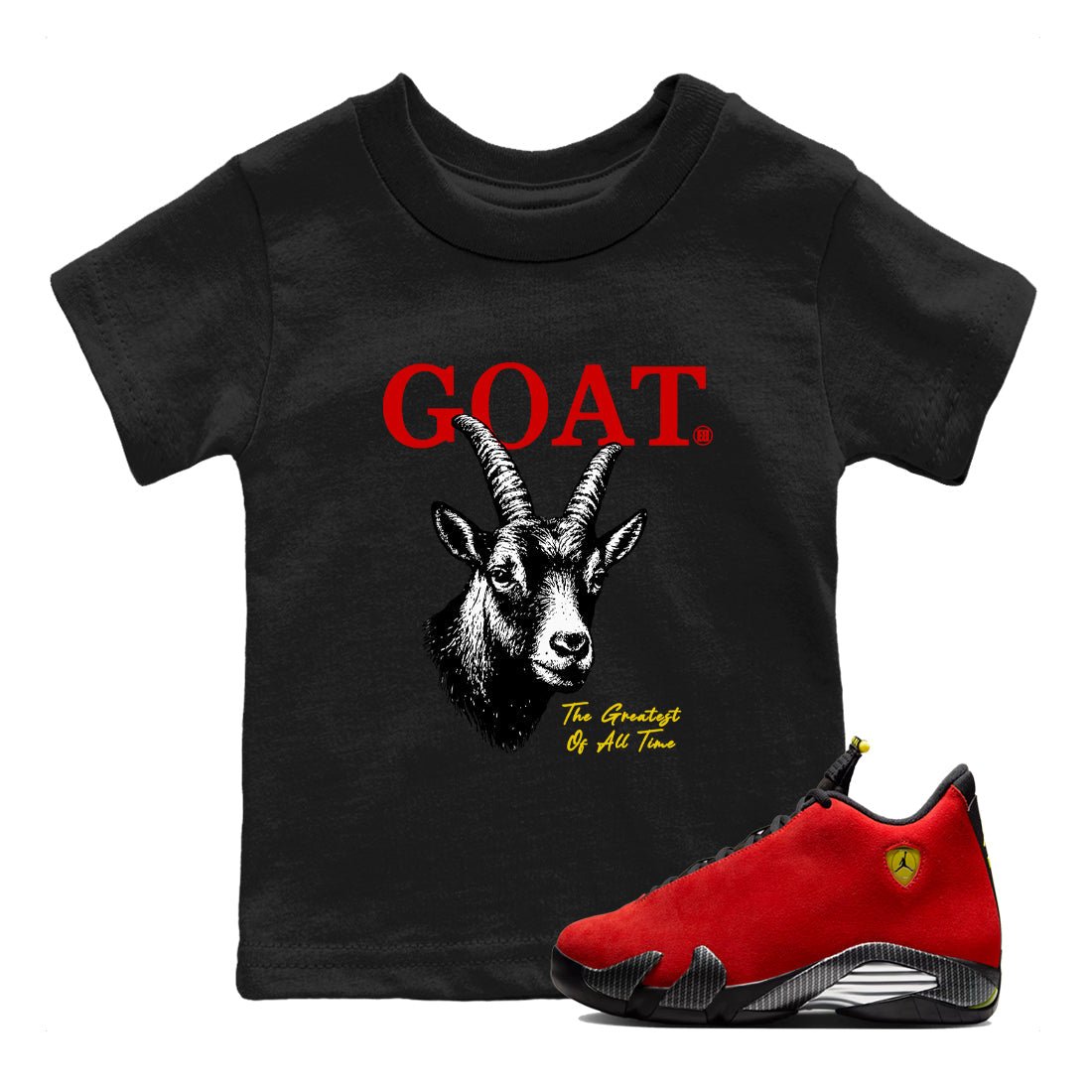 The Greatest Of All Time baby and kids t-shirt crafted for little sneakerheads to shine with the Air Jordan 14 Challenge Red sneakers, displayed in Black 1.