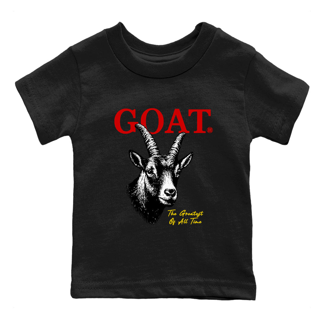 The Greatest Of All Time baby and kids t-shirt crafted for little sneakerheads to shine with the Air Jordan 14 Challenge Red sneakers, displayed in Black 2.