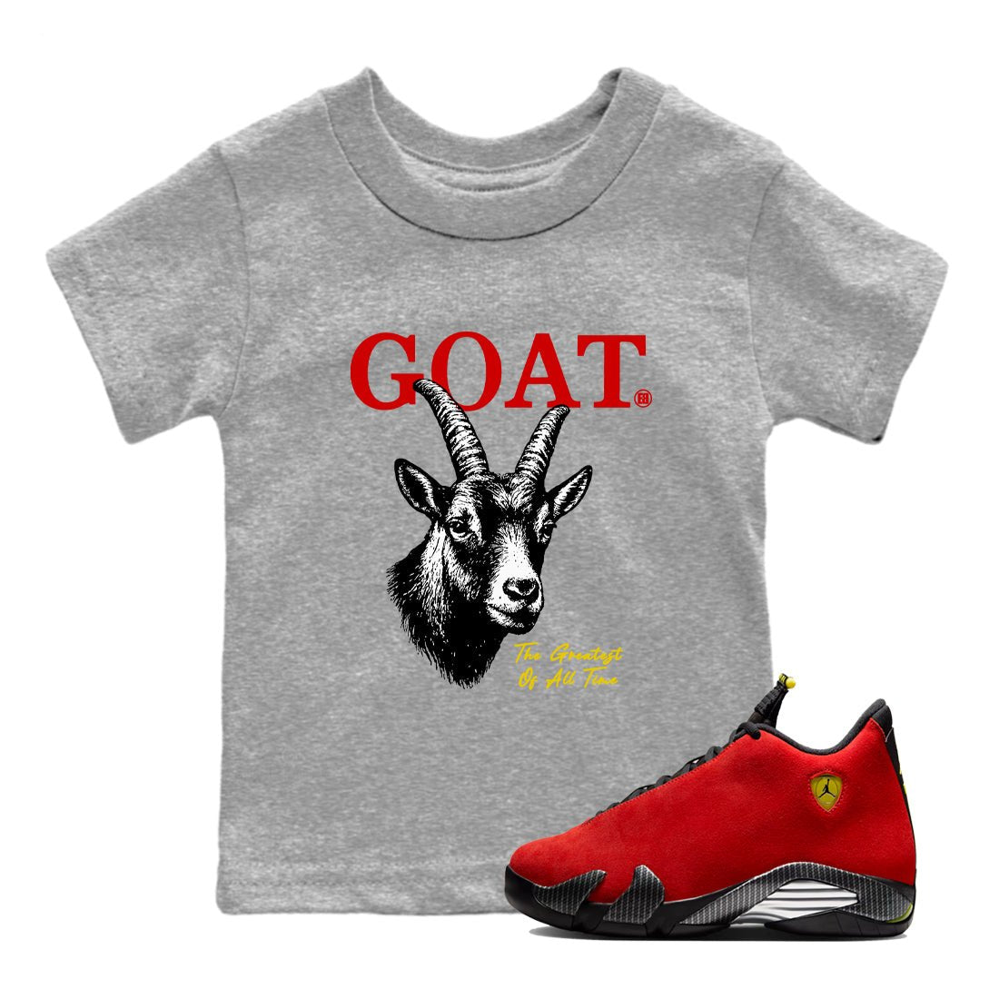 The Greatest Of All Time baby and kids t-shirt crafted for little sneakerheads to shine with the Air Jordan 14 Challenge Red sneakers, displayed in Heather Grey 1.