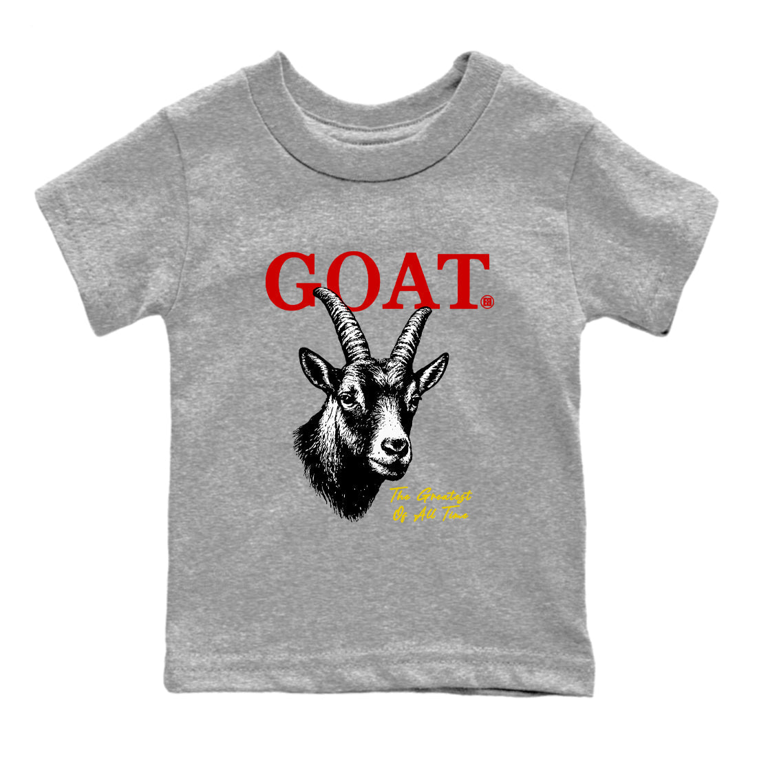 The Greatest Of All Time baby and kids t-shirt crafted for little sneakerheads to shine with the Air Jordan 14 Challenge Red sneakers, displayed in Heather Grey 2.