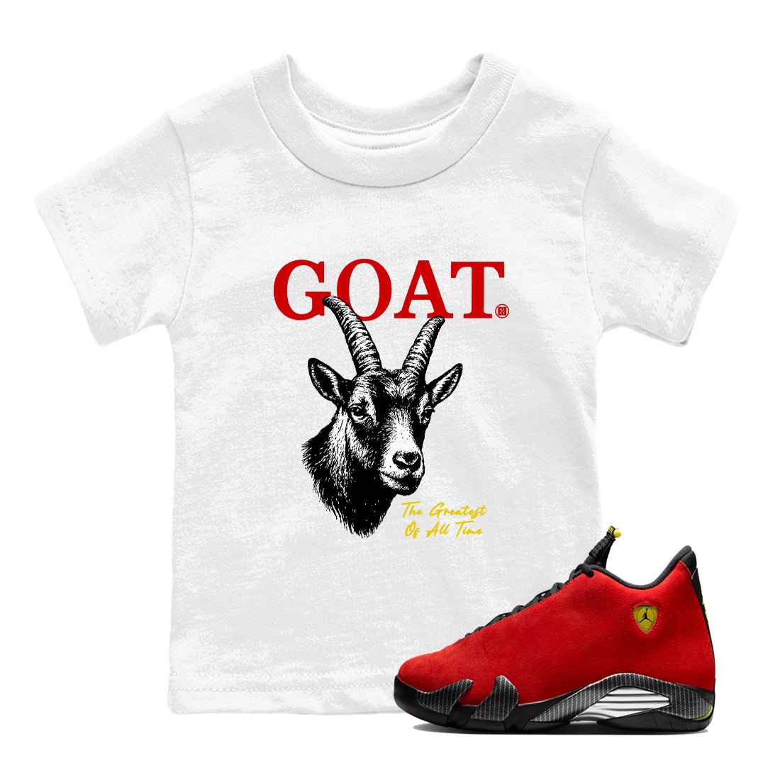 The Greatest Of All Time baby and kids t-shirt crafted for little sneakerheads to shine with the Air Jordan 14 Challenge Red sneakers, displayed in White 1.