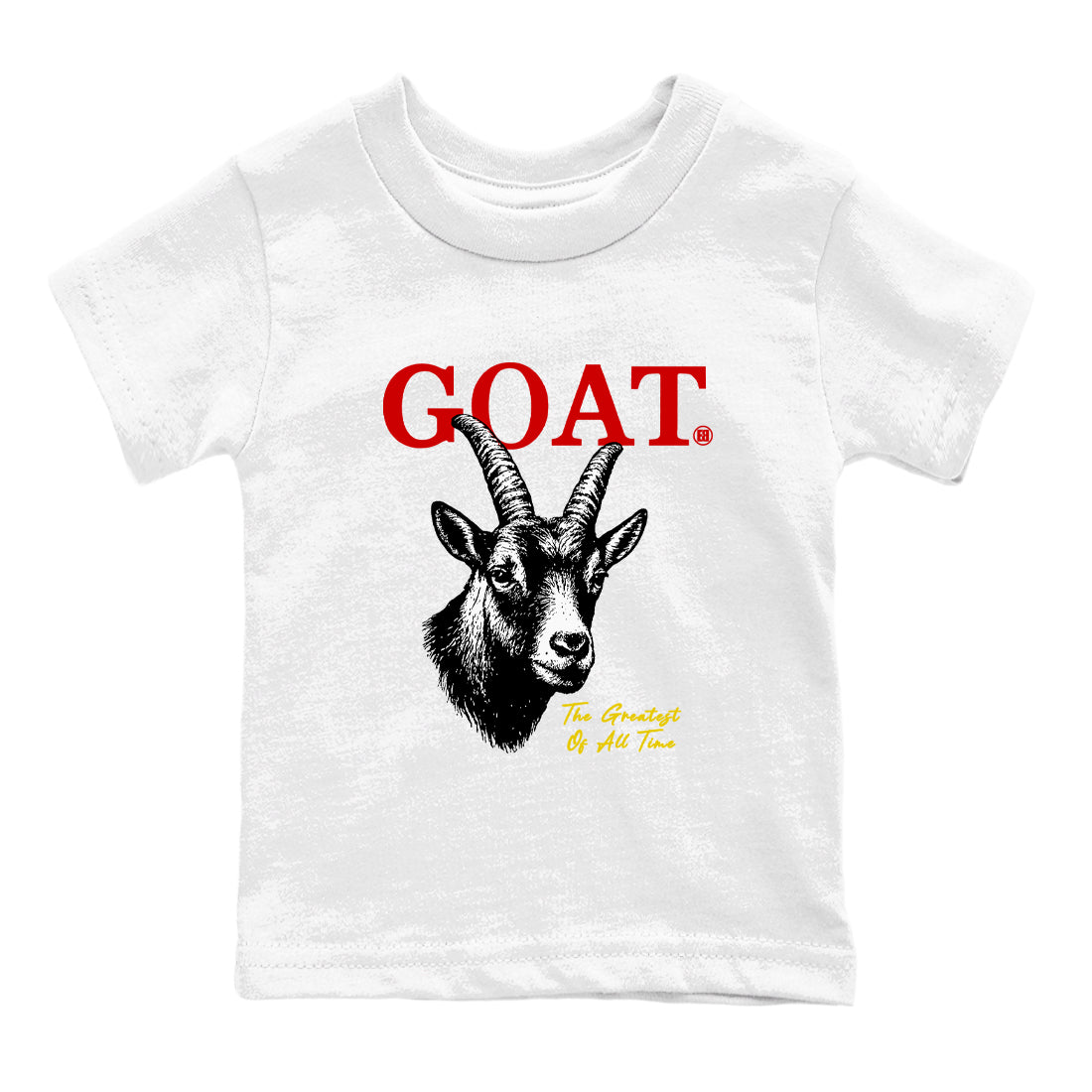 The Greatest Of All Time baby and kids t-shirt crafted for little sneakerheads to shine with the Air Jordan 14 Challenge Red sneakers, displayed in White 2.