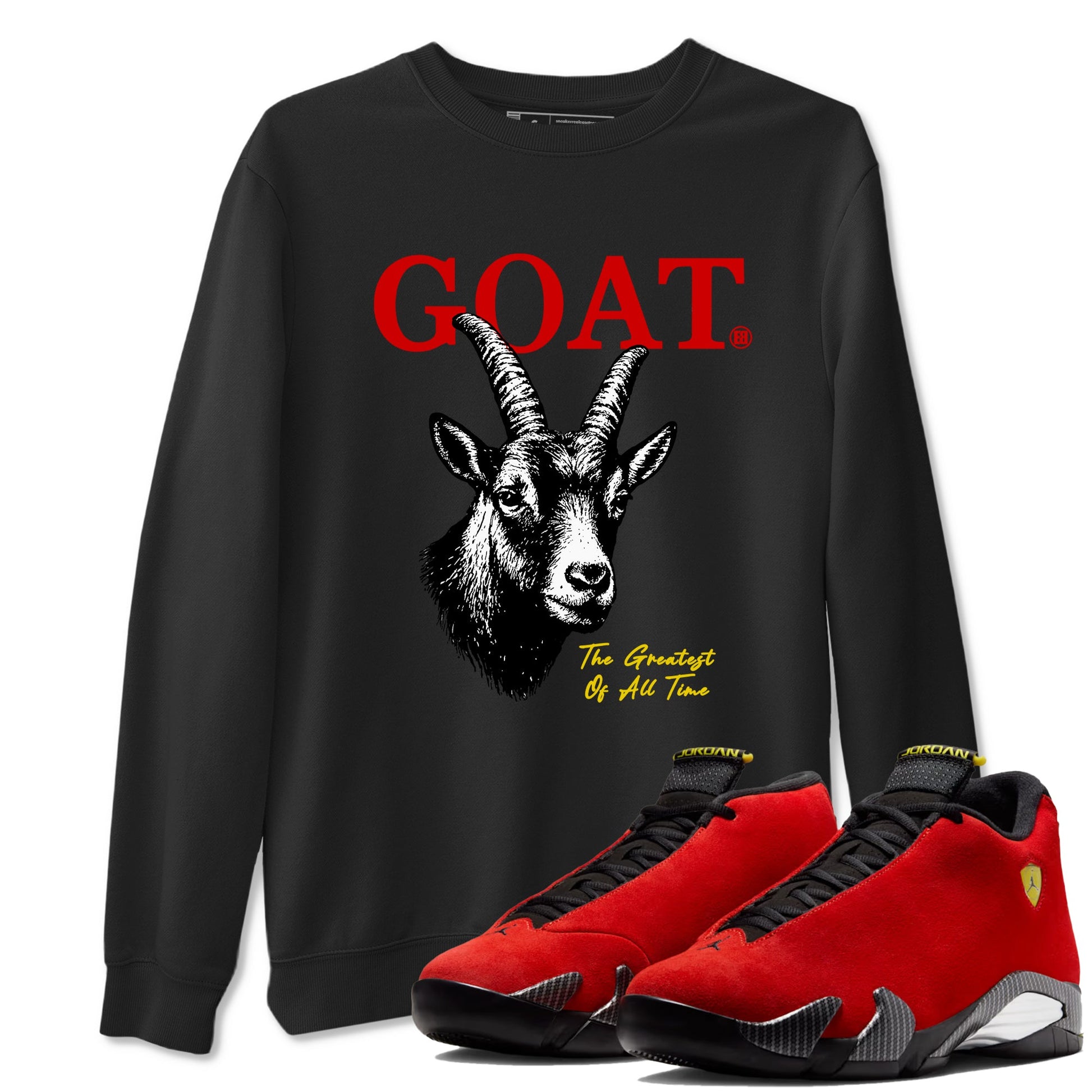 The Greatest Of All Time sneaker match t-shirt styled to complete your fit with the Air Jordan 14 Challenge Red sneakers, shown in Black 1.