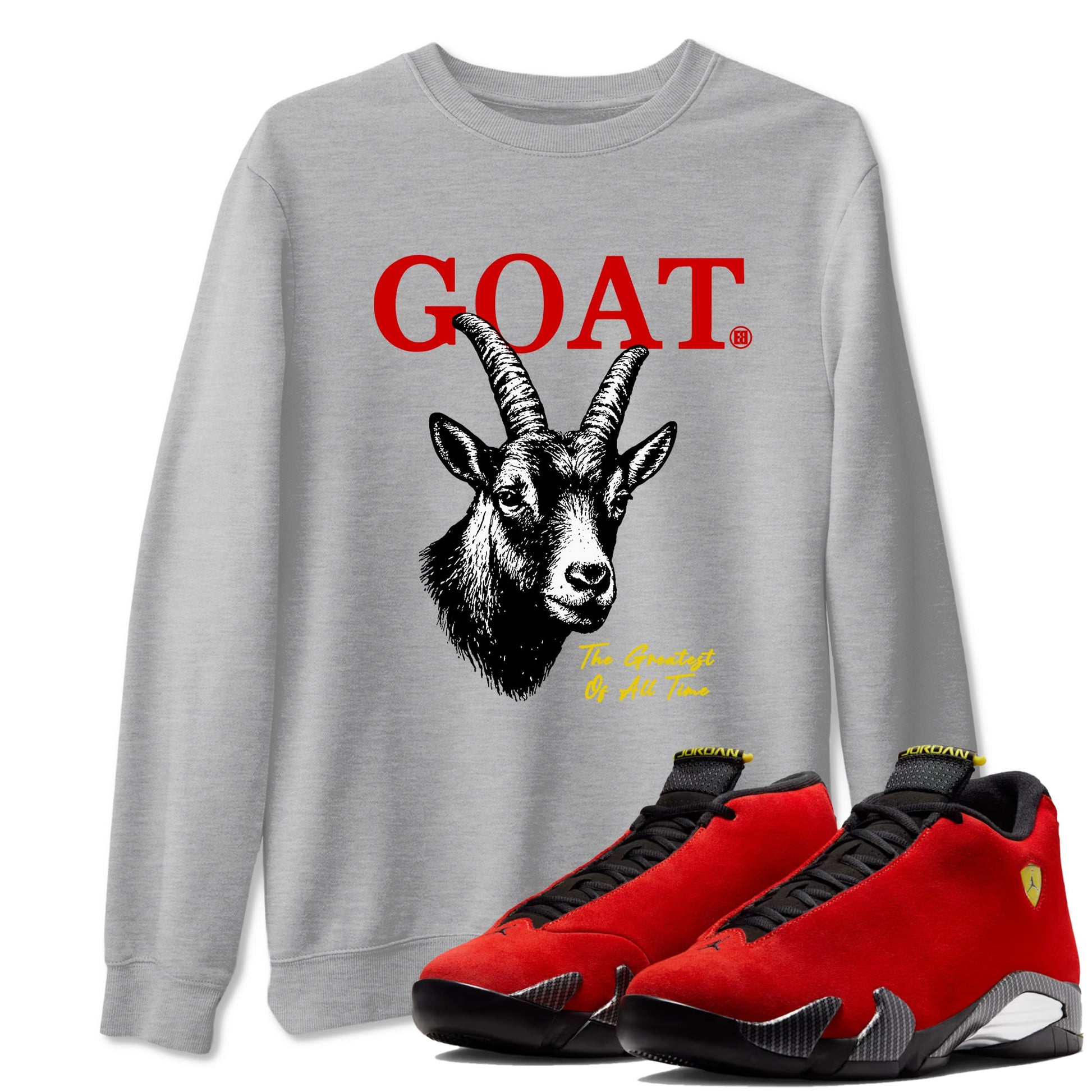 The Greatest Of All Time sneaker match t-shirt styled to complete your fit with the Air Jordan 14 Challenge Red sneakers, shown in Heather Grey 1.