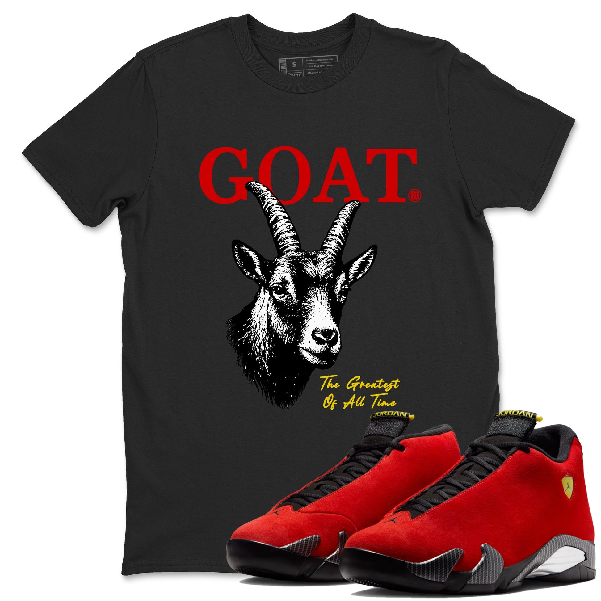 The Greatest Of All Time sneaker match t-shirt styled to complete your fit with the Air Jordan 14 Challenge Red sneakers, shown in Black 1.