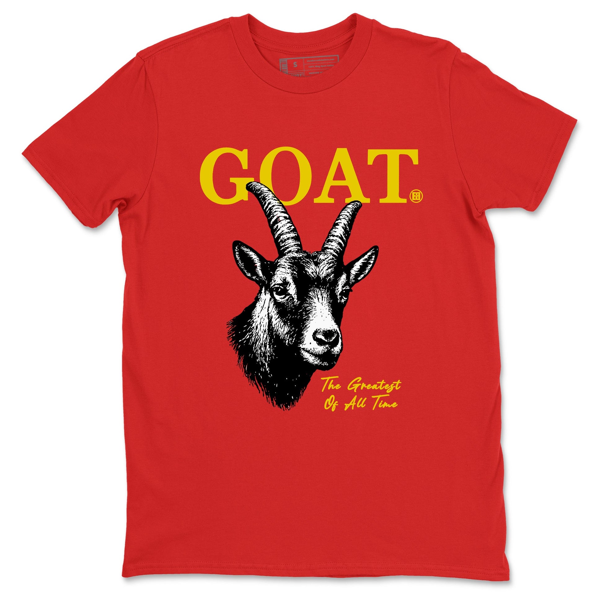 The Greatest Of All Time sneaker match t-shirt styled to complete your fit with the Air Jordan 14 Challenge Red sneakers, shown in Red 2.