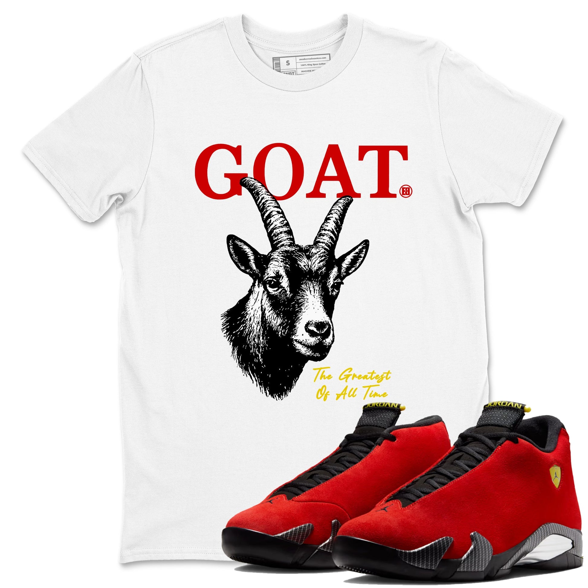 The Greatest Of All Time sneaker match t-shirt styled to complete your fit with the Air Jordan 14 Challenge Red sneakers, shown in White 1.