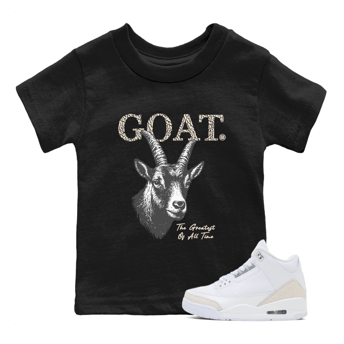 The Greatest Of All Time baby and kids t-shirt crafted for little sneakerheads to shine with the Air Jordan 3 Pure Money sneakers, displayed in Black 1.