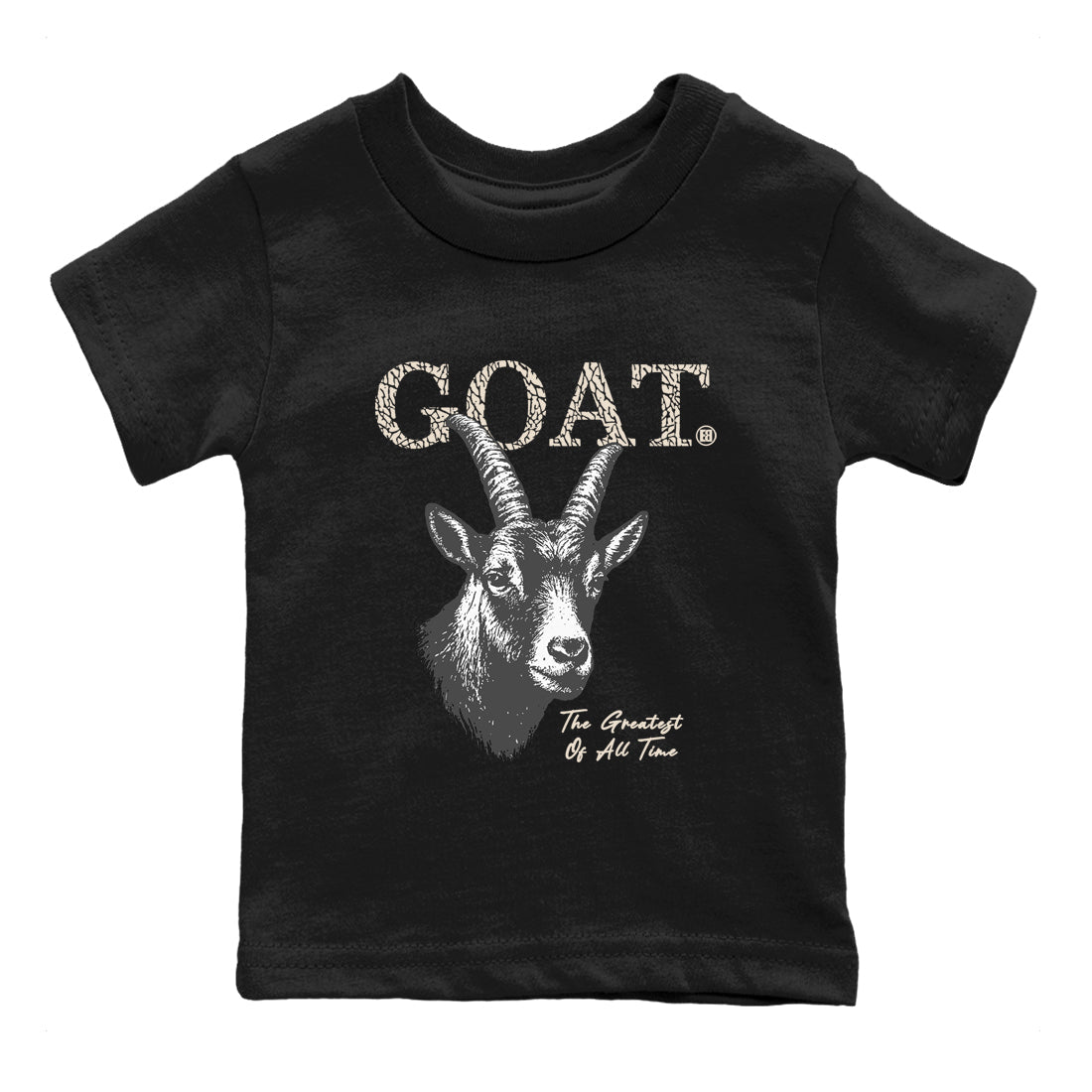 The Greatest Of All Time baby and kids t-shirt crafted for little sneakerheads to shine with the Air Jordan 3 Pure Money sneakers, displayed in Black 2.