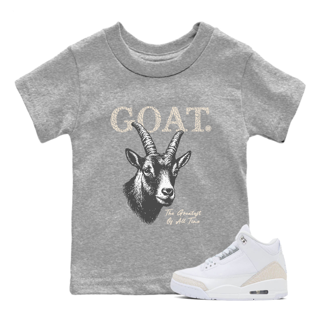 The Greatest Of All Time baby and kids t-shirt crafted for little sneakerheads to shine with the Air Jordan 3 Pure Money sneakers, displayed in Heather Grey 1.