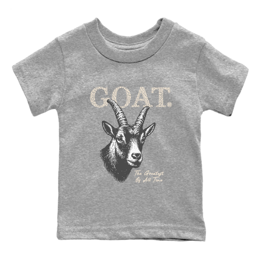 The Greatest Of All Time baby and kids t-shirt crafted for little sneakerheads to shine with the Air Jordan 3 Pure Money sneakers, displayed in Heather Grey 2.