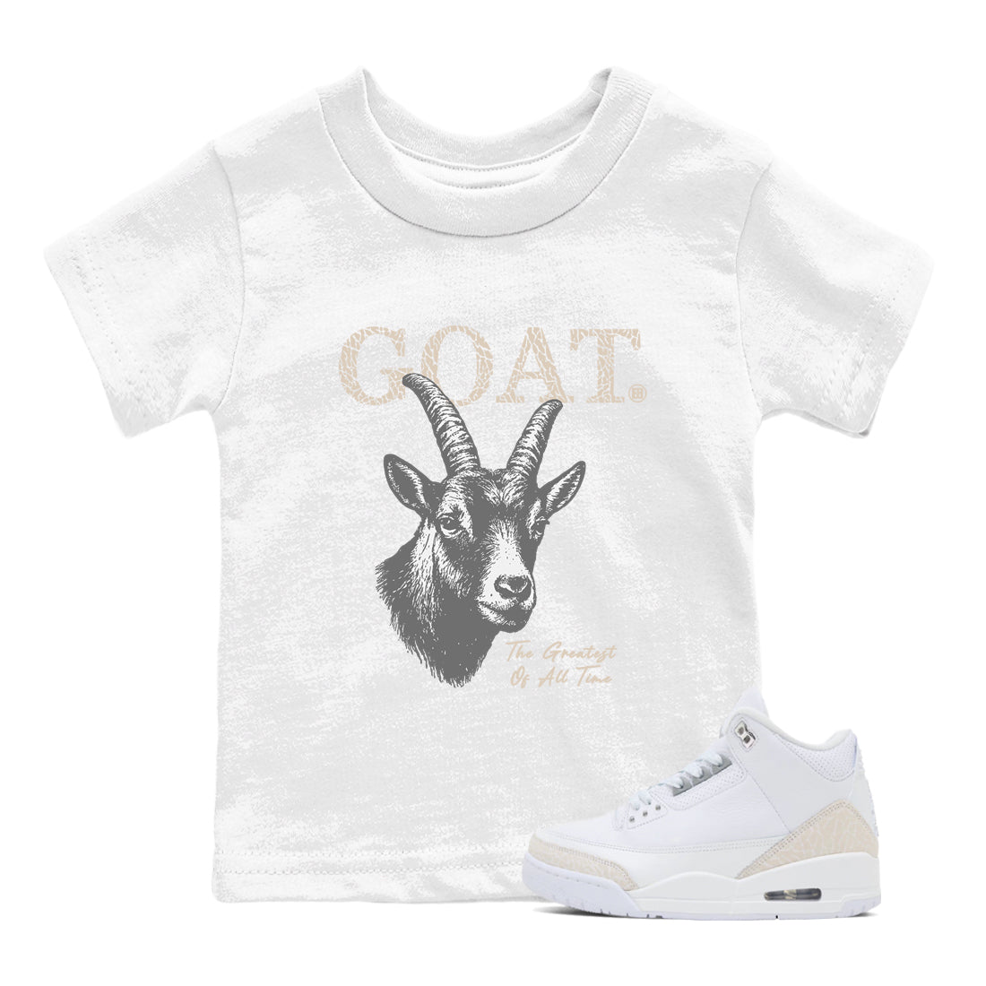 The Greatest Of All Time baby and kids t-shirt crafted for little sneakerheads to shine with the Air Jordan 3 Pure Money sneakers, displayed in White 1.