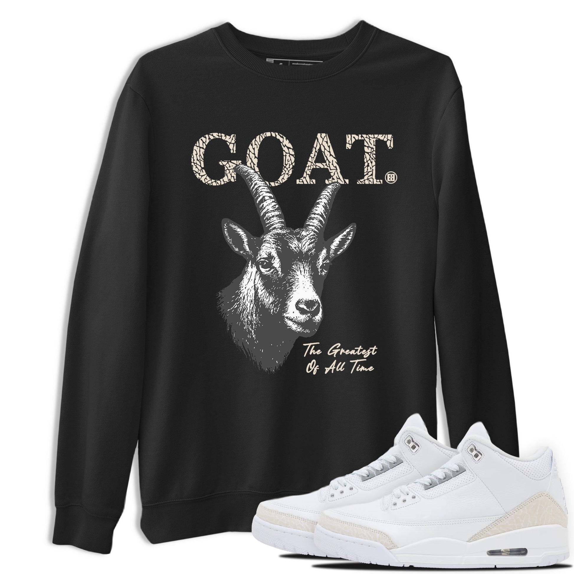 The Greatest Of All Time sneaker match t-shirt styled to complete your fit with the Air Jordan 3 Pure Money sneakers, shown in Black 1.