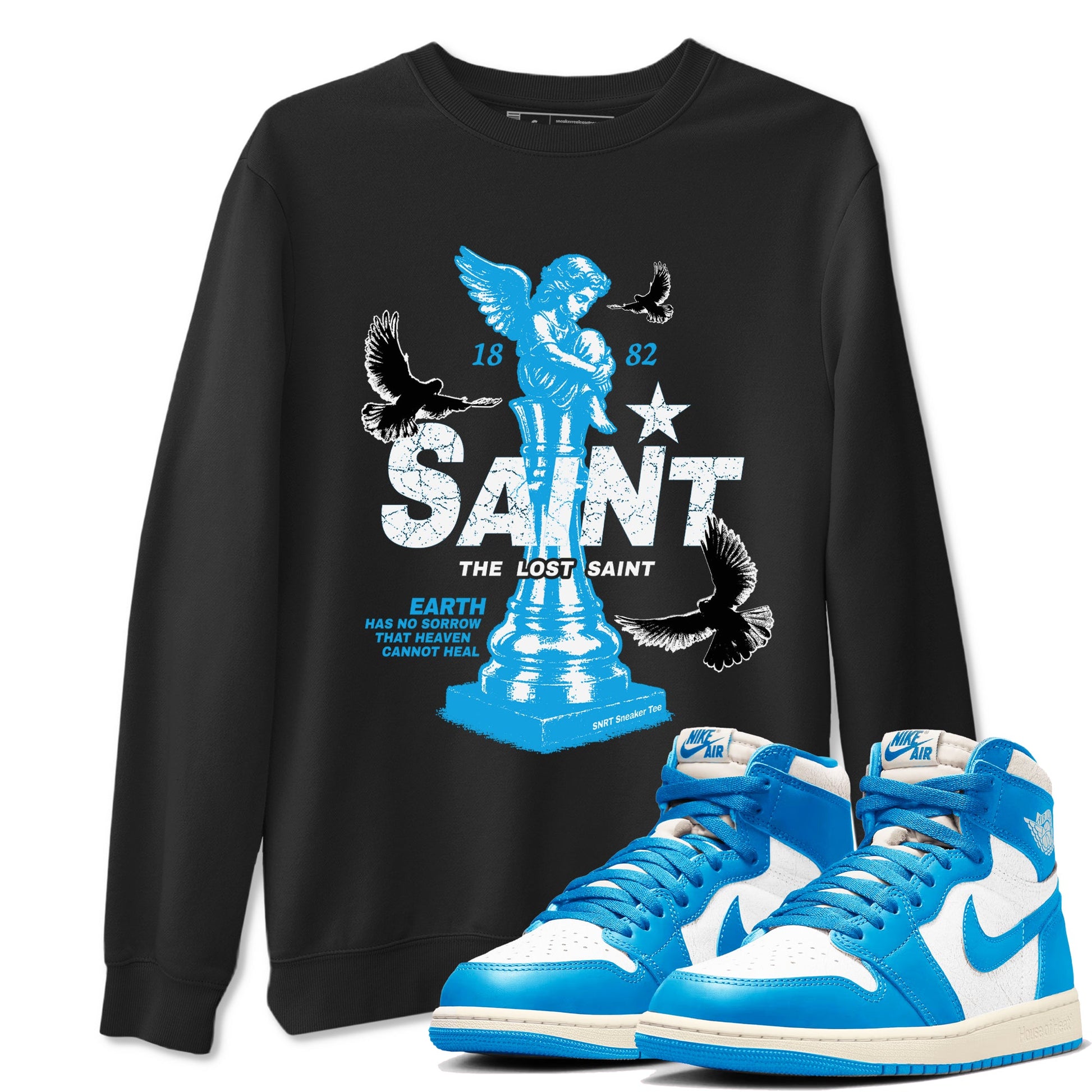 1s UNC t-shirts to match jordans The Lost Saint sneaker match tees Air Jordan 1 UNC Reimagined graphic tee for sneakerheads SNRT Sneaker Tees unisex cotton Black 1 shirts