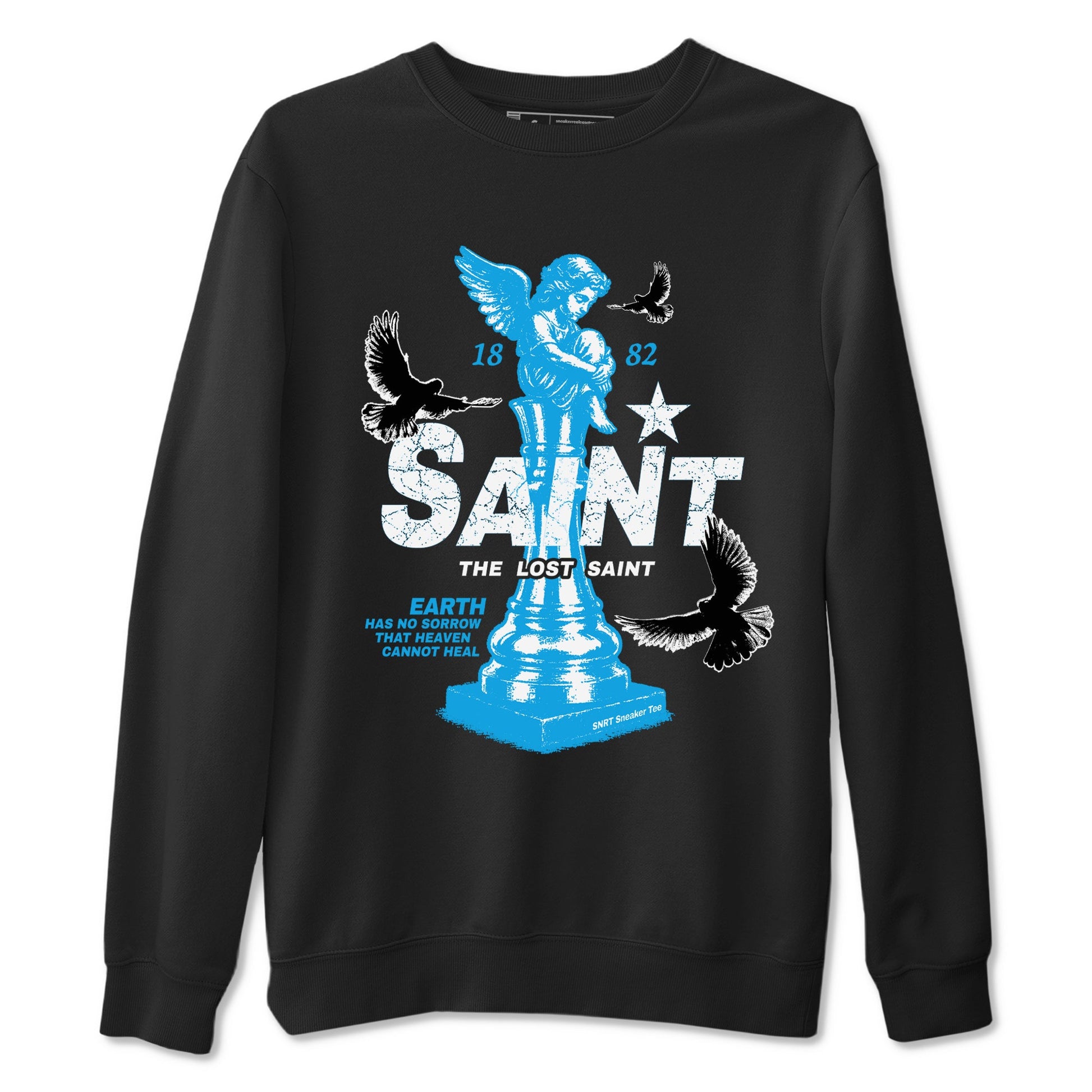 1s UNC t-shirts to match jordans The Lost Saint sneaker match tees Air Jordan 1 UNC Reimagined graphic tee for sneakerheads SNRT Sneaker Tees unisex cotton Black 2 shirts