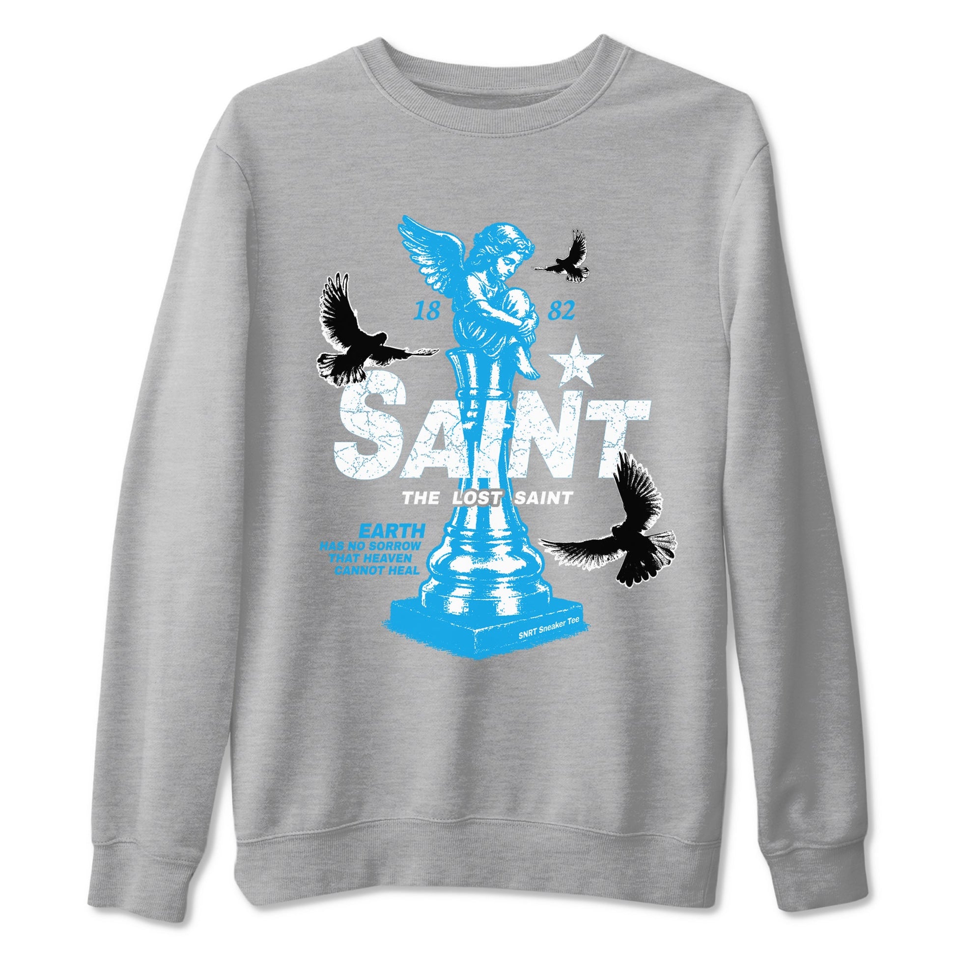 1s UNC t-shirts to match jordans The Lost Saint sneaker match tees Air Jordan 1 UNC Reimagined graphic tee for sneakerheads SNRT Sneaker Tees unisex cotton Heather Grey 2 shirts