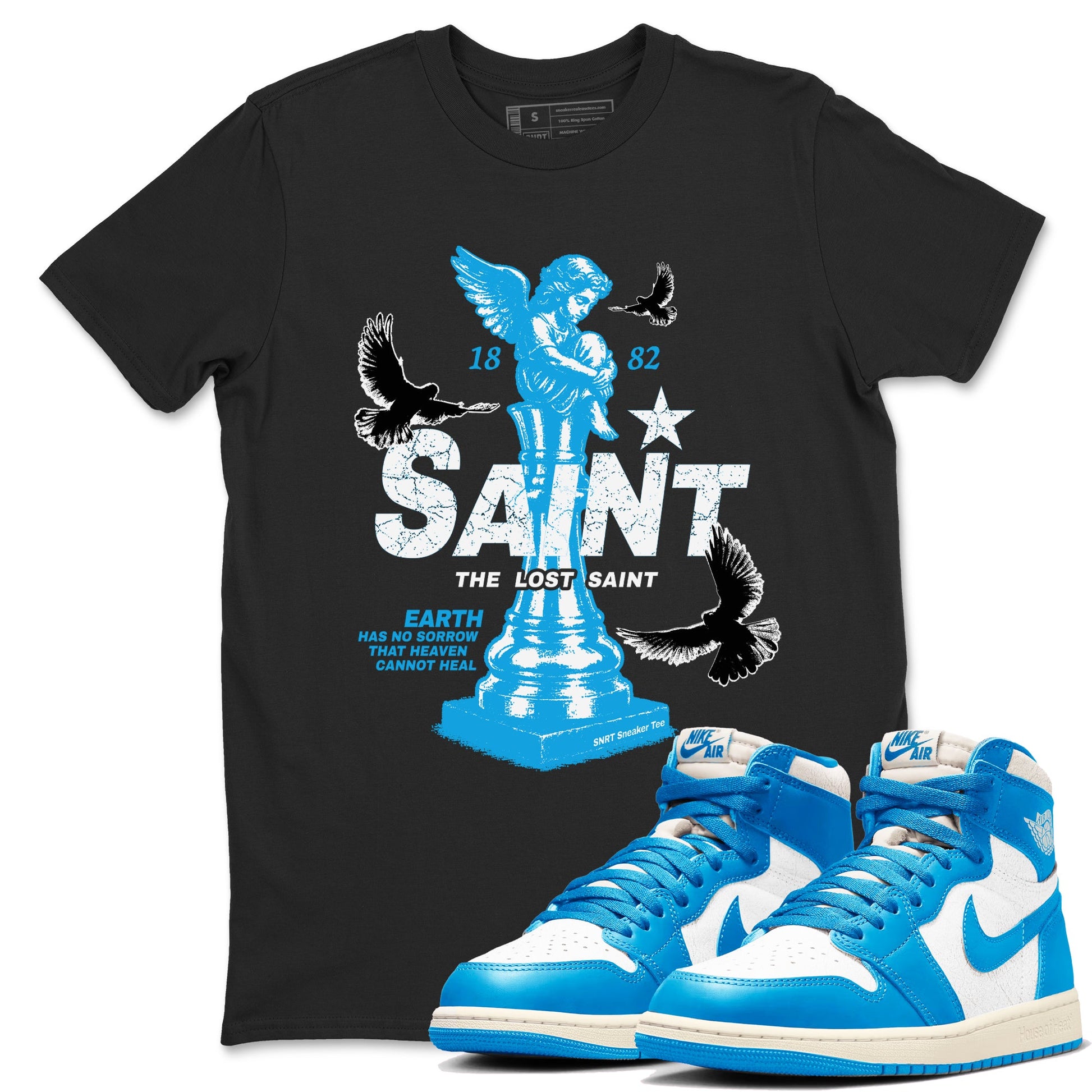 1s UNC t-shirts to match jordans The Lost Saint sneaker match tees Air Jordan 1 UNC Reimagined graphic tee for sneakerheads SNRT Sneaker Tees unisex cotton Black 1 shirts