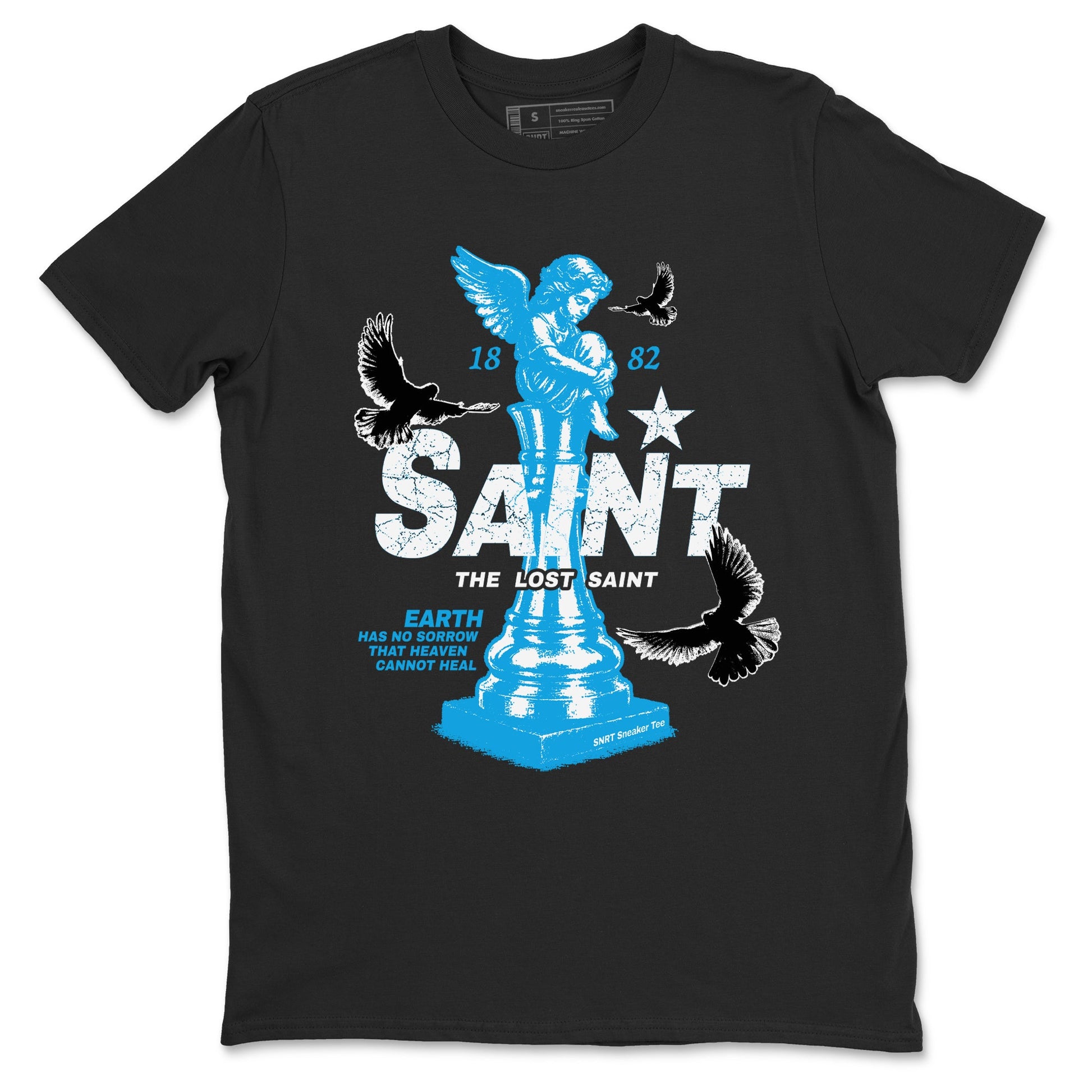 1s UNC t-shirts to match jordans The Lost Saint sneaker match tees Air Jordan 1 UNC Reimagined graphic tee for sneakerheads SNRT Sneaker Tees unisex cotton Black 2 shirts