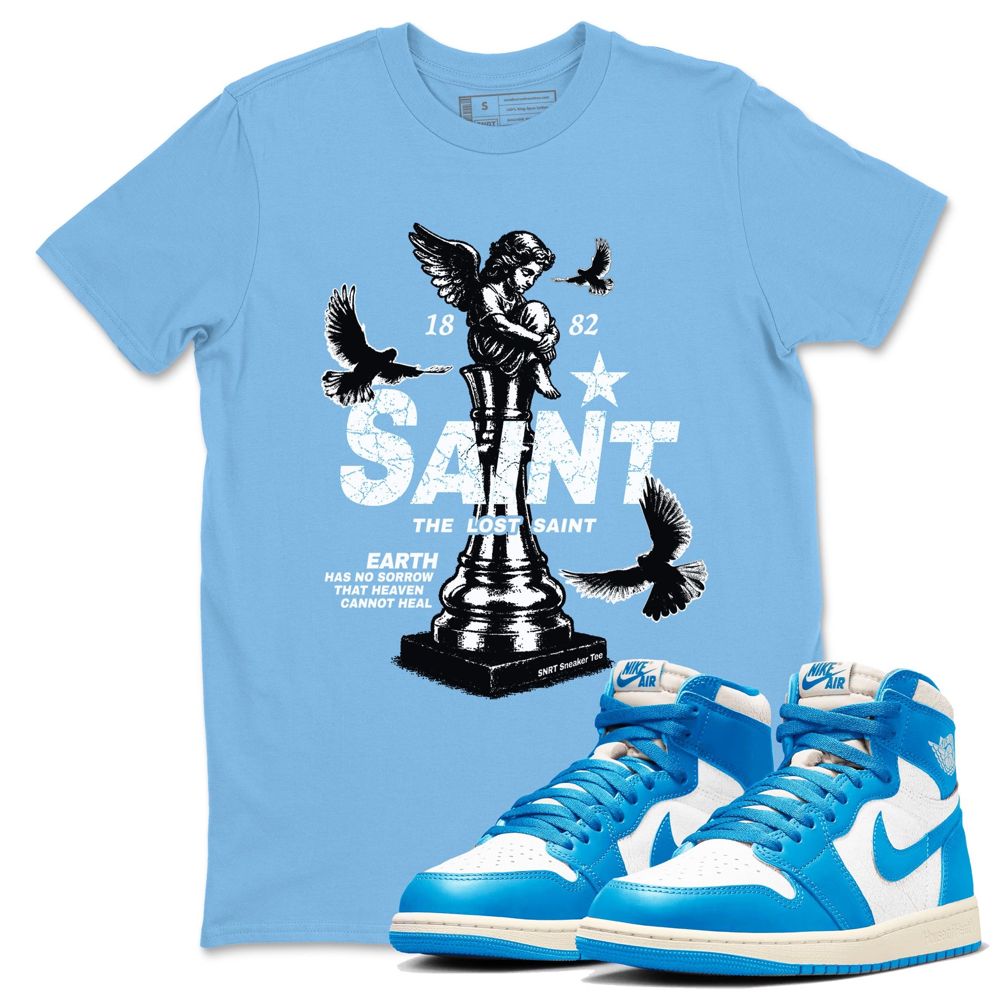 1s UNC t-shirts to match jordans The Lost Saint sneaker match tees Air Jordan 1 UNC Reimagined graphic tee for sneakerheads SNRT Sneaker Tees unisex cotton Carolina Blue 1 shirts