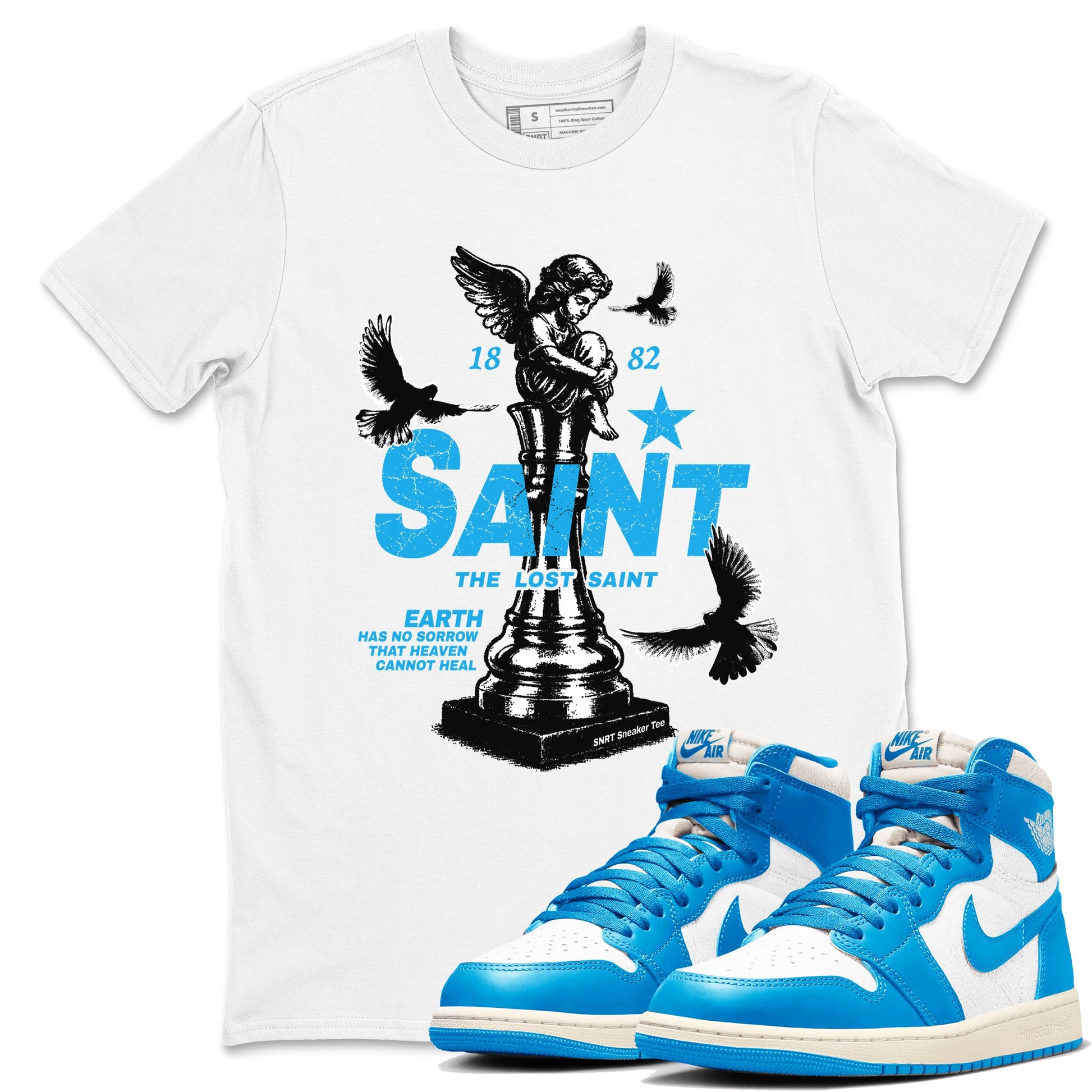 1s UNC t-shirts to match jordans The Lost Saint sneaker match tees Air Jordan 1 UNC Reimagined graphic tee for sneakerheads SNRT Sneaker Tees unisex cotton White 1 shirts