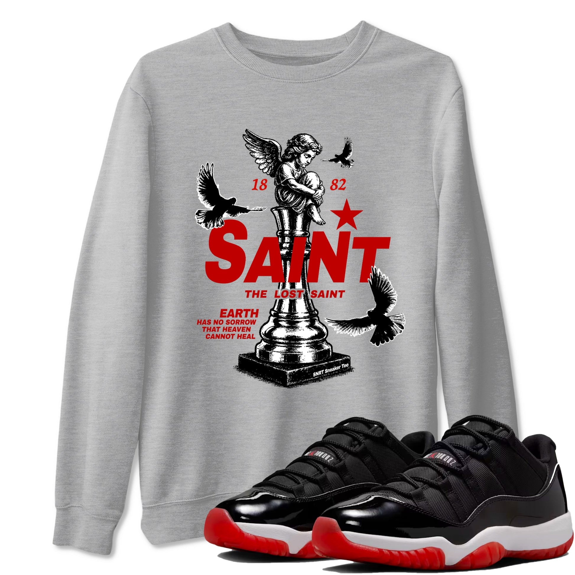 Jordan 11 Low Bred t-shirts to match jordans The Lost Saint sneaker match tees Air Jordan 11 Bred graphic tee for sneakerheads SNRT Sneaker Tees unisex cotton Heather Grey 1 shirts