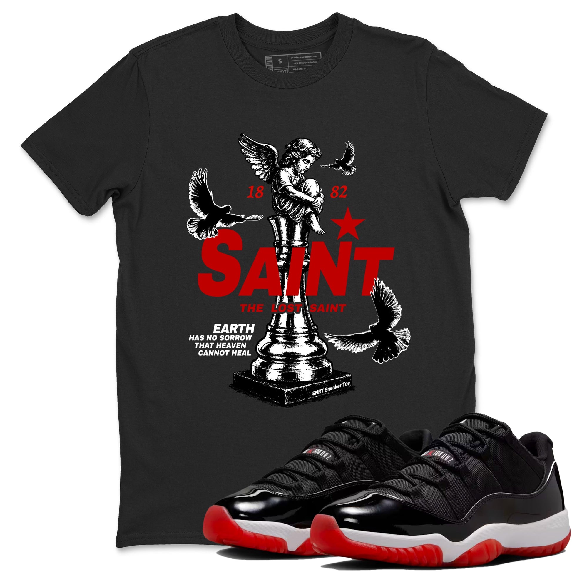 Jordan 11 Low Bred t-shirts to match jordans The Lost Saint sneaker match tees Air Jordan 11 Bred graphic tee for sneakerheads SNRT Sneaker Tees unisex cotton Black 1 shirts