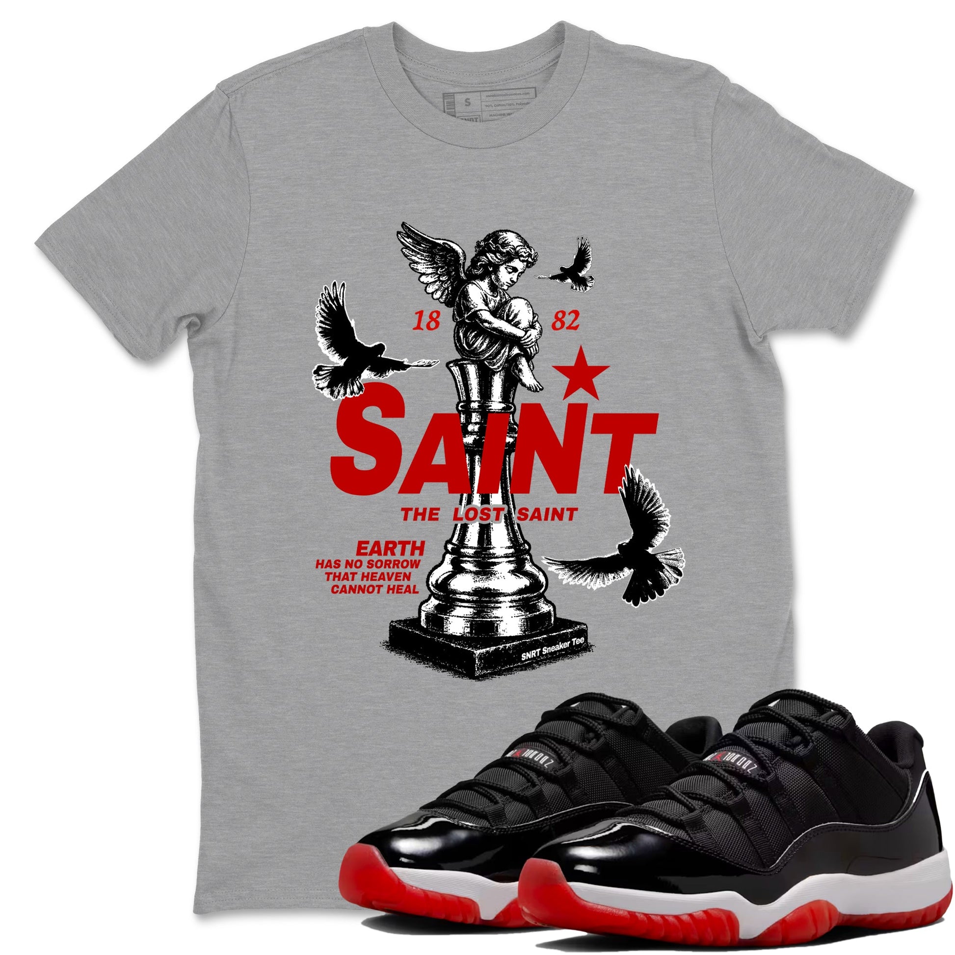 Jordan 11 Low Bred t-shirts to match jordans The Lost Saint sneaker match tees Air Jordan 11 Bred graphic tee for sneakerheads SNRT Sneaker Tees unisex cotton Heather Grey 1 shirts
