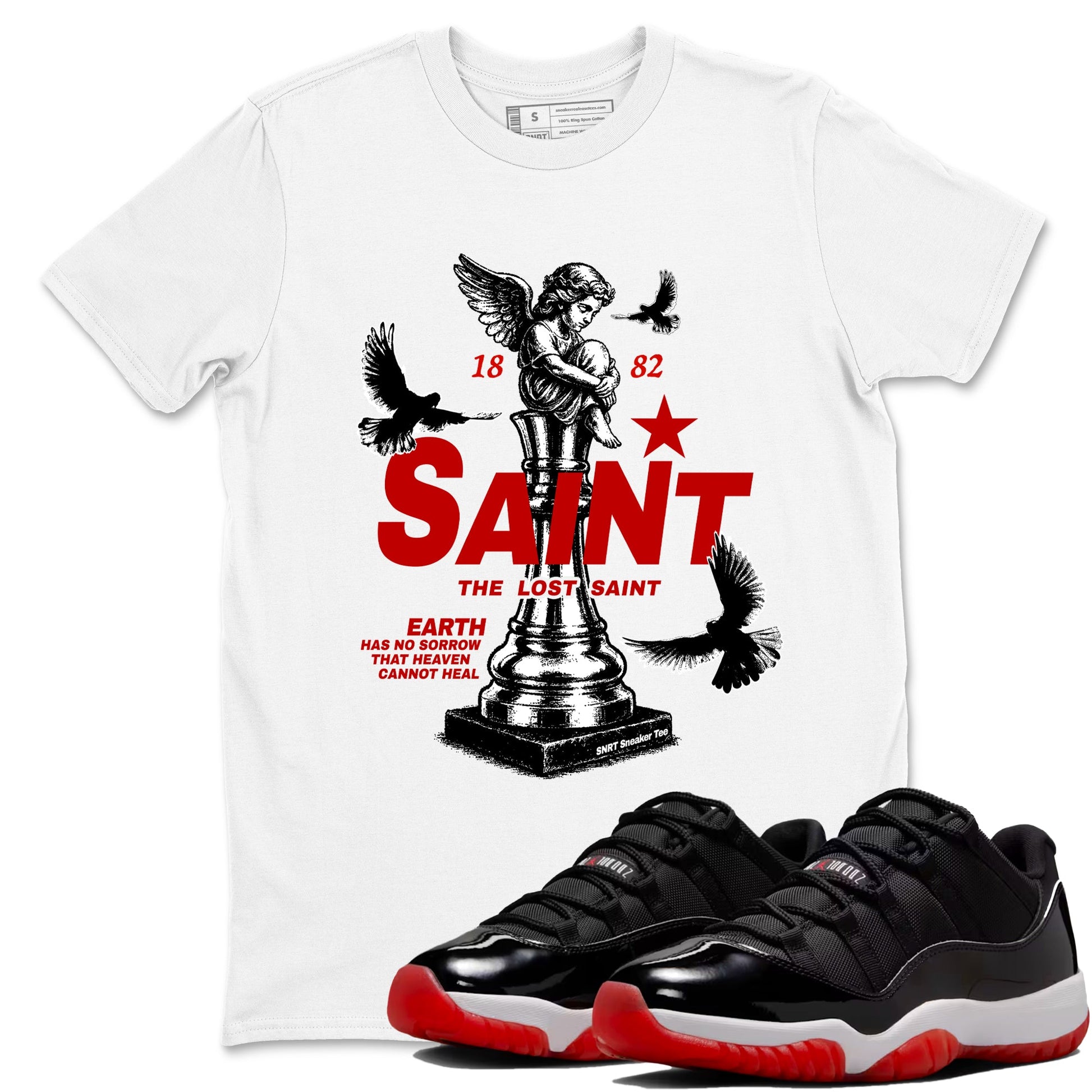 Jordan 11 Low Bred t-shirts to match jordans The Lost Saint sneaker match tees Air Jordan 11 Bred graphic tee for sneakerheads SNRT Sneaker Tees unisex cotton White 1 shirts